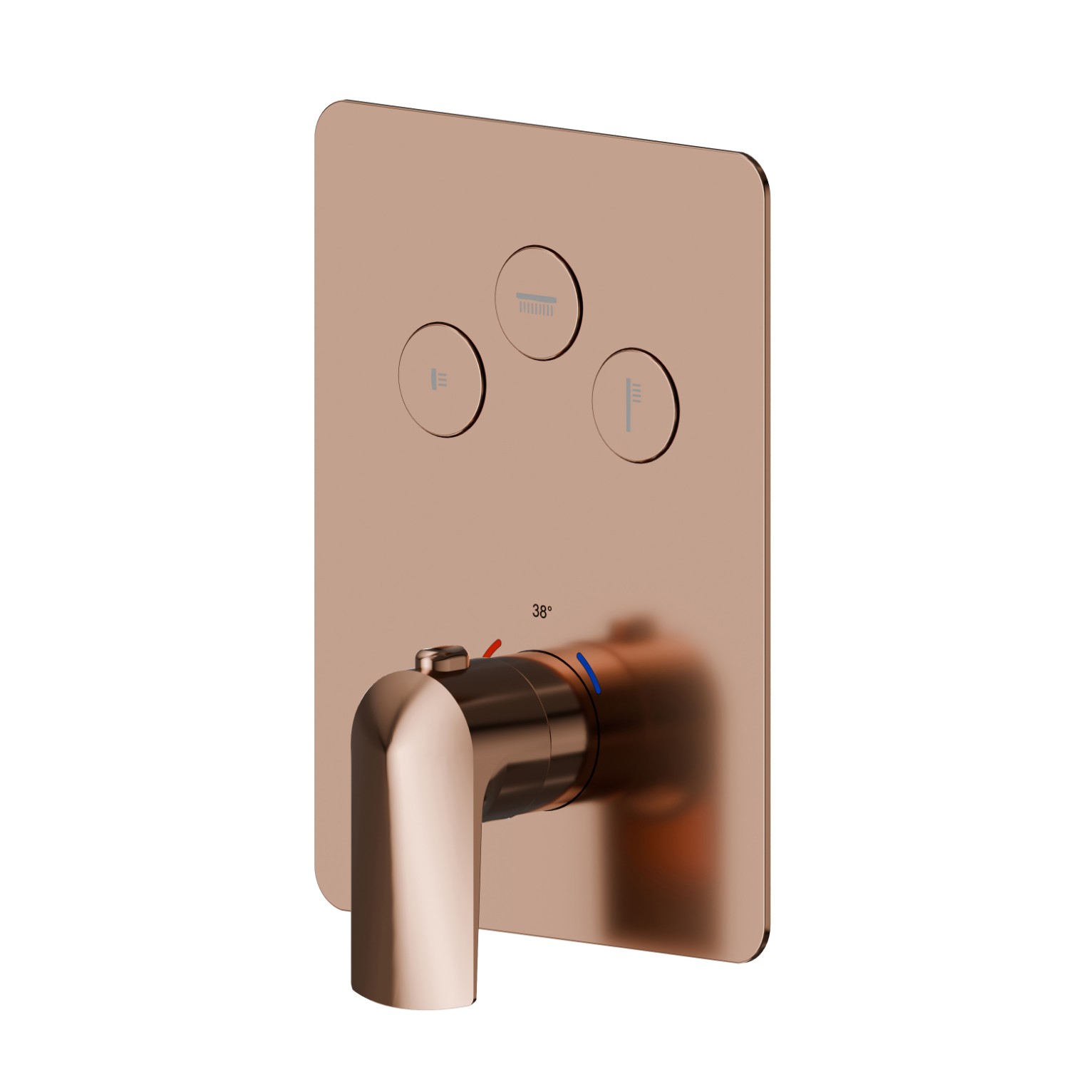 3 ways out thermostatic concealed mixer, with one handle for temperature control and buttons on/off. External part - finish PVD Copper Bronze