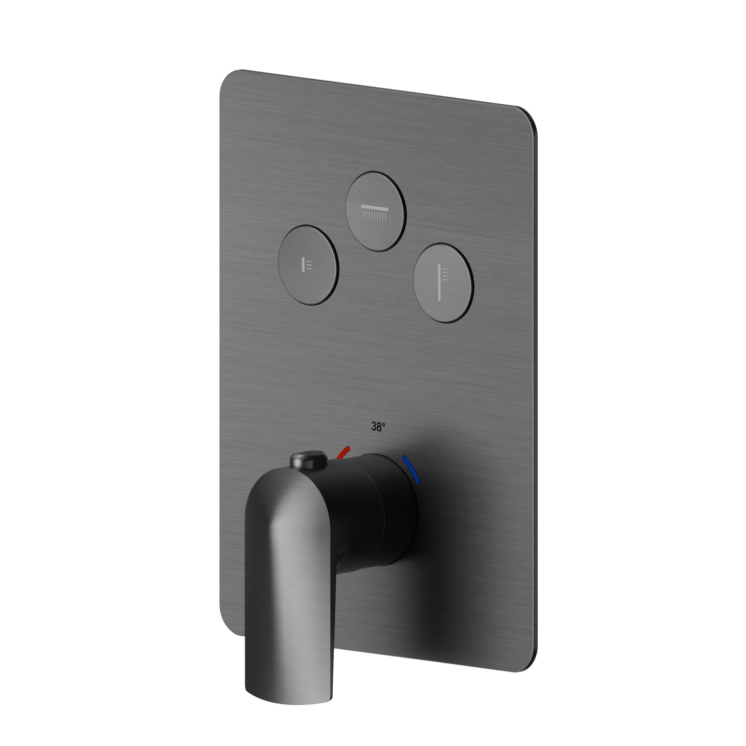 Mitigeur thermostatique à encastrer 3 sorties, avec commande pour le réglage de la température et boutons on/off. Façade murale - finition PVD Brushed Gun Metal