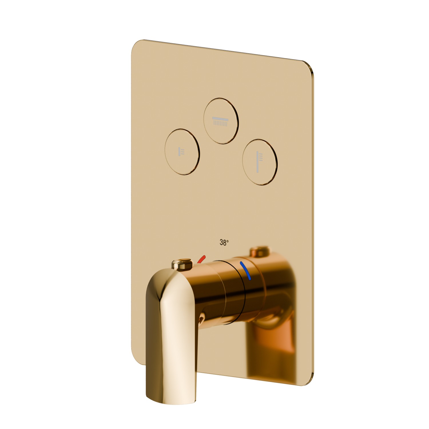 Mitigeur thermostatique à encastrer 3 sorties, avec commande pour le réglage de la température et boutons on/off. Façade murale - finition PVD Glossy Gold
