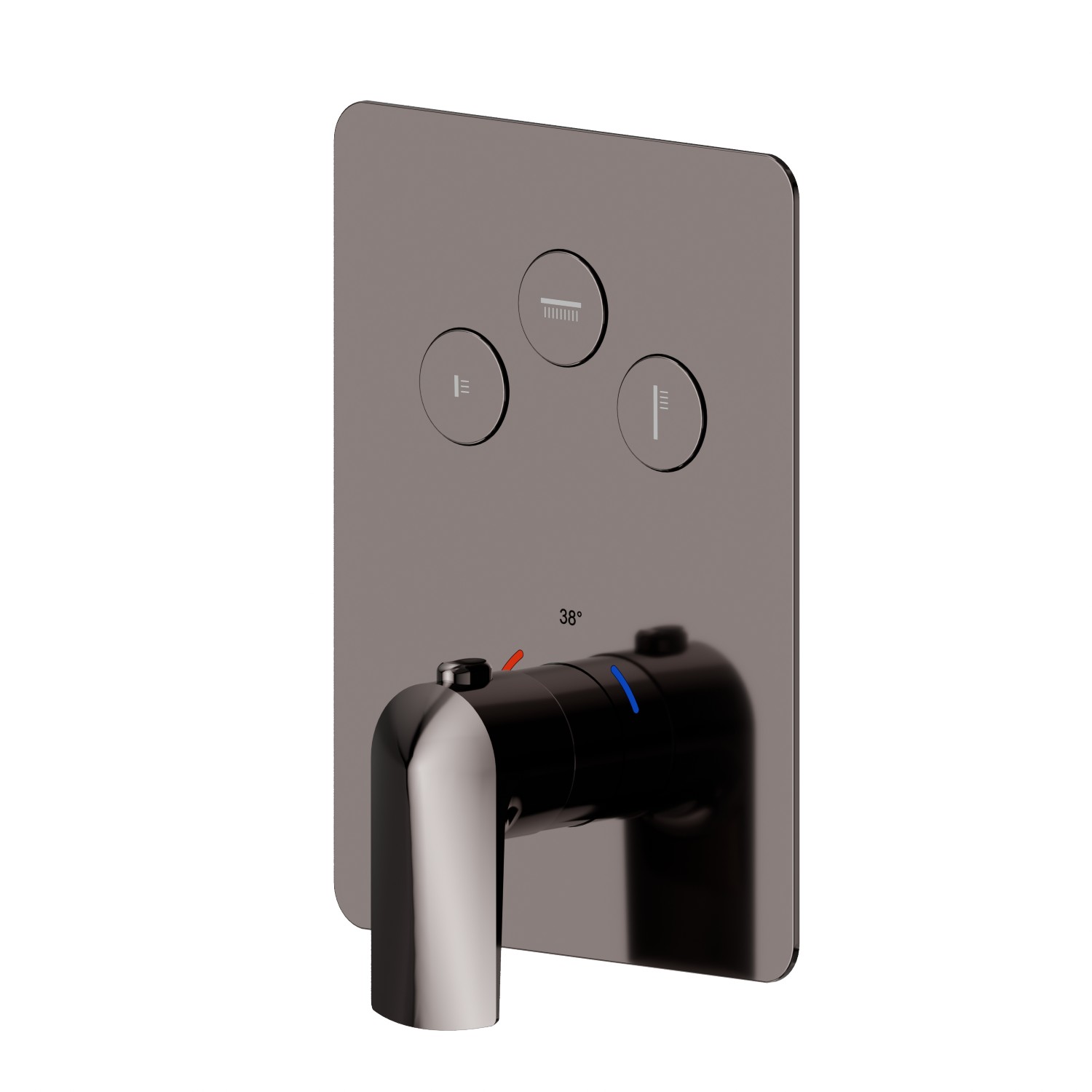 3 ways out thermostatic concealed mixer, with one handle for temperature control and buttons on/off. External part - finish PVD Gun Metal