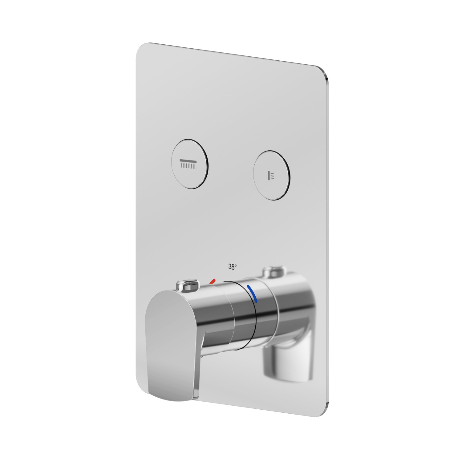 Mitigeur thermostatique à encastrer 2 sorties, avec commande pour le réglage de la température et boutons on/off. Façade murale - finition Chrome