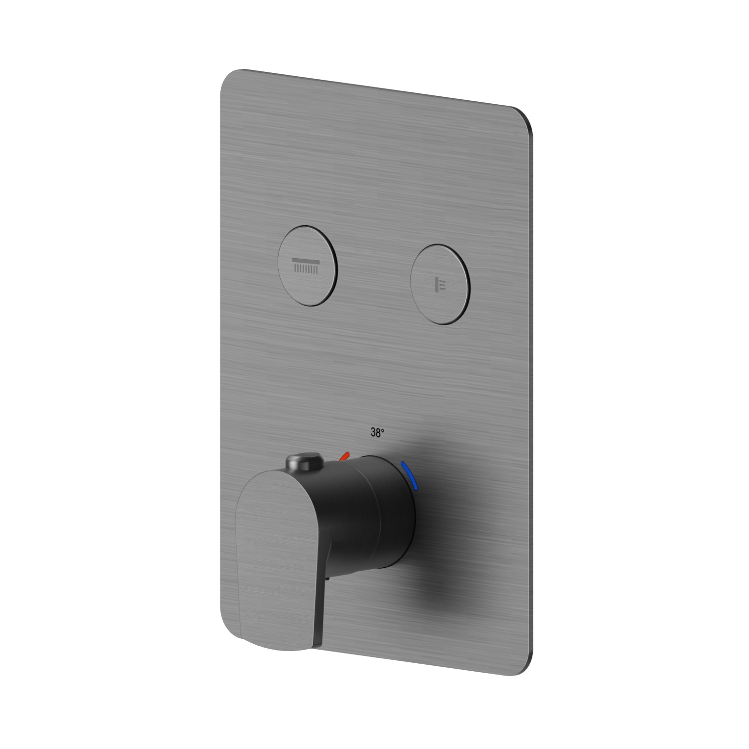 Miscelatore termostatico ad incasso a 2 uscite, con comando per la regolazione della temperatura e pulsanti on/off. Parte esterna - finitura PVD Brushed Gun Metal