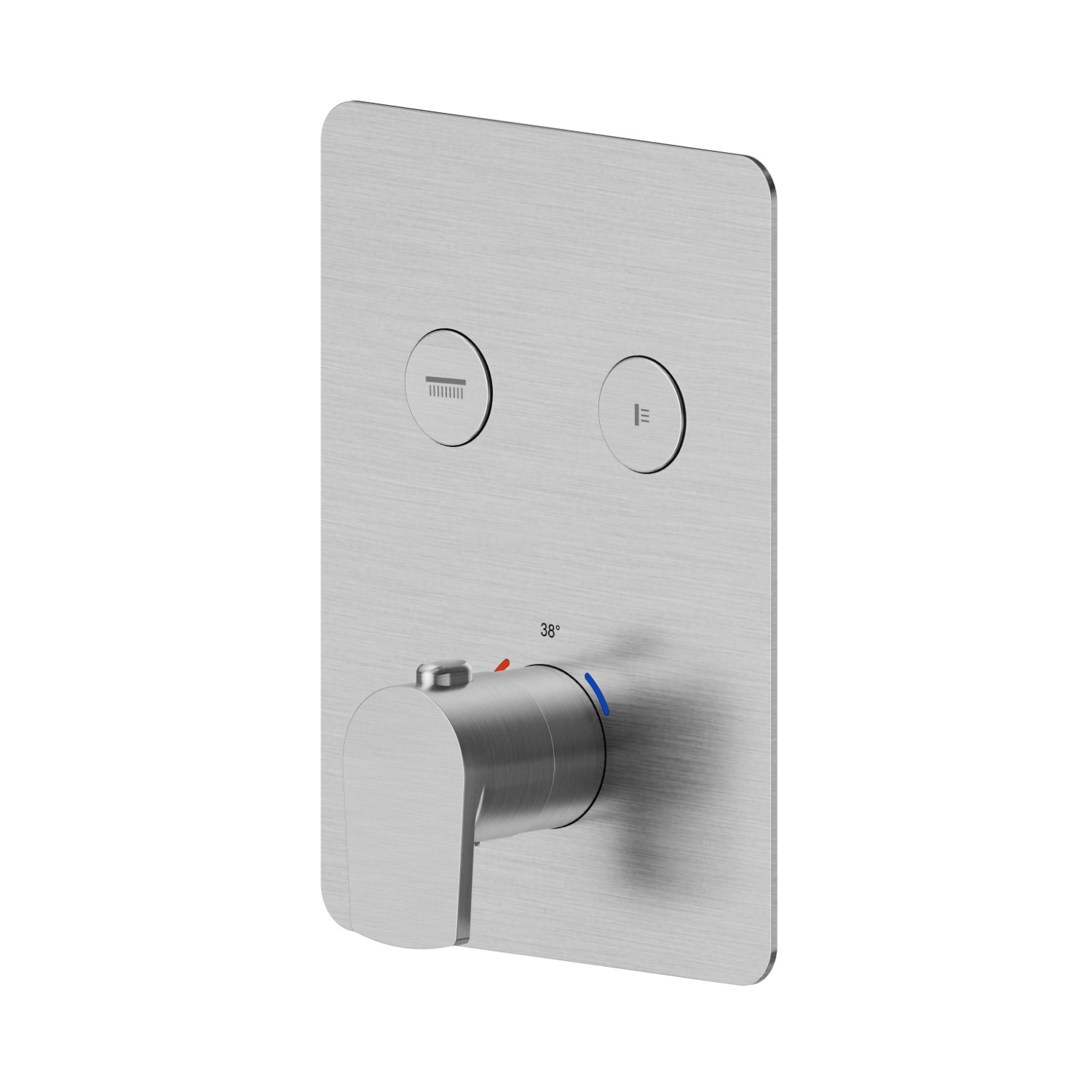 Mitigeur thermostatique à encastrer 2 sorties, avec commande pour le réglage de la température et boutons on/off. Façade murale - finition PVD Brushed steel