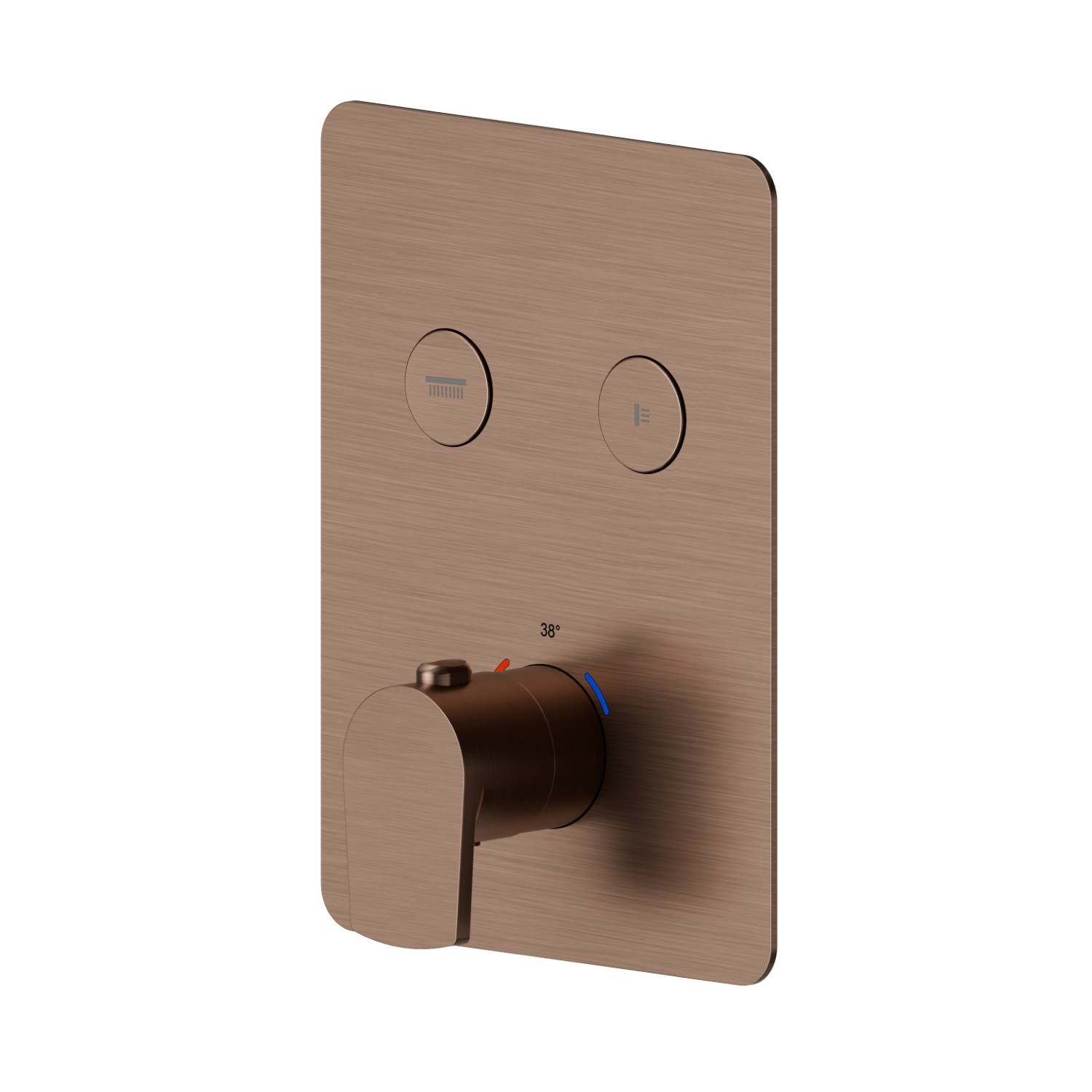 Miscelatore termostatico ad incasso a 2 uscite, con comando per la regolazione della temperatura e pulsanti on/off. Parte esterna - finitura PVD Brushed Copper Bronze