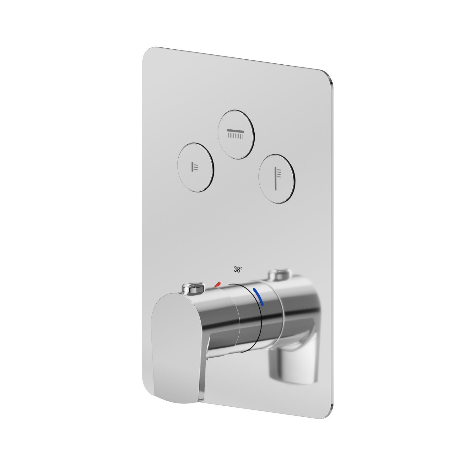 3 ways out thermostatic concealed mixer, with one handle for temperature control and buttons on/off. External part - finish Chrome
