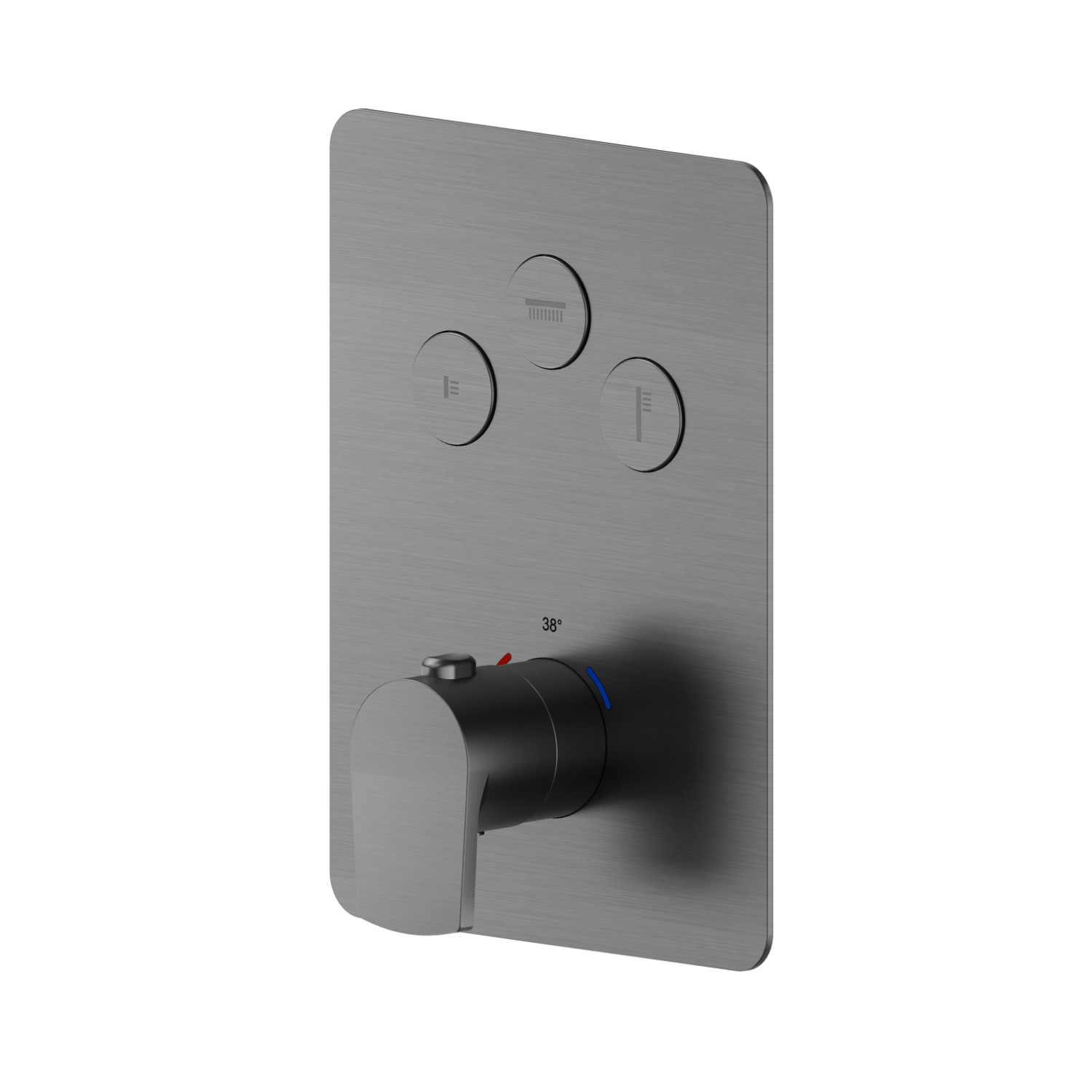 Mitigeur thermostatique à encastrer 3 sorties, avec commande pour le réglage de la température et boutons on/off. Façade murale - finition PVD Brushed Gun Metal