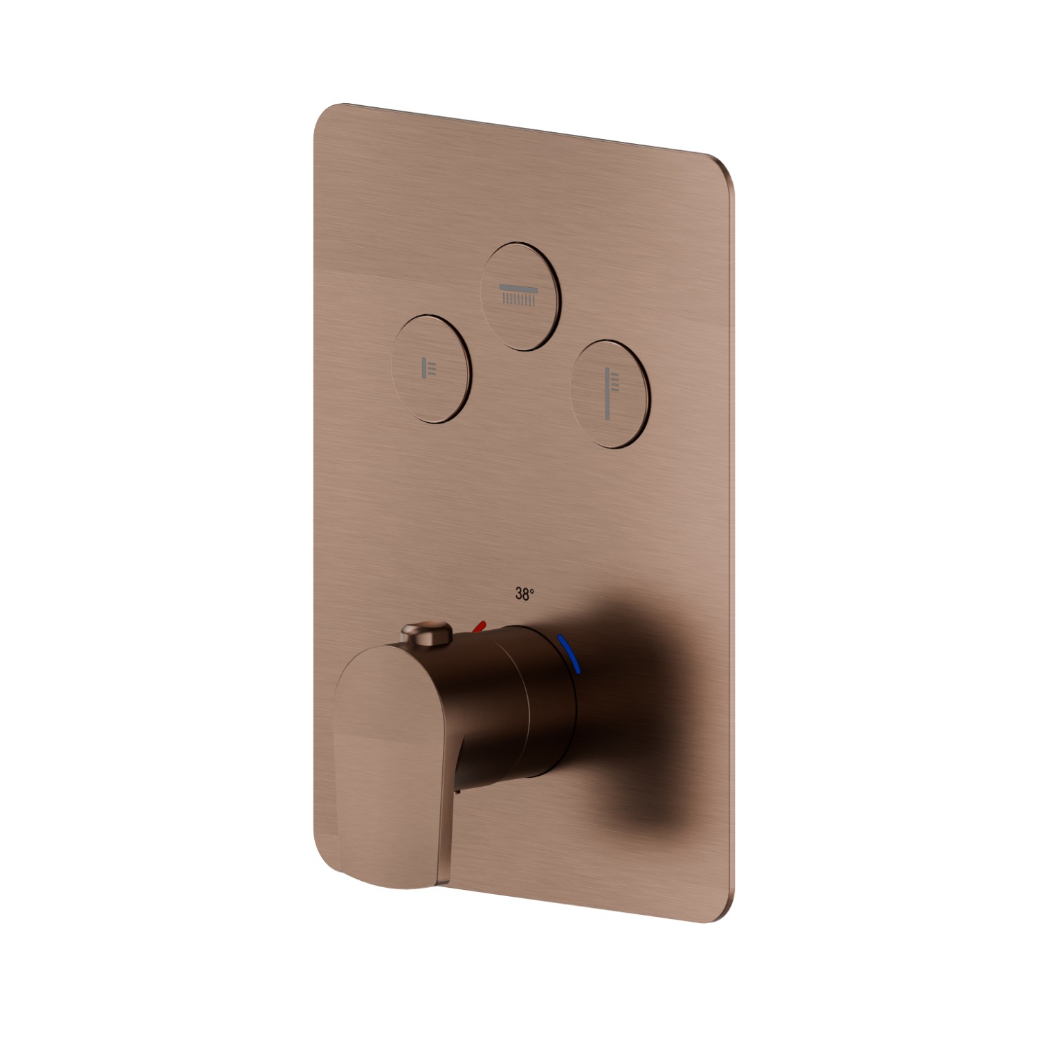 3 ways out thermostatic concealed mixer, with one handle for temperature control and buttons on/off. External part - finish PVD Brushed Copper Bronze