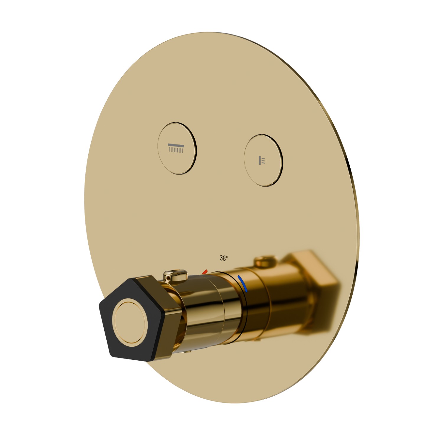 2 ways out thermostatic concealed mixer, with one handle for temperature control and buttons on/off. External part - finish PVD Glossy Gold - Matt Black