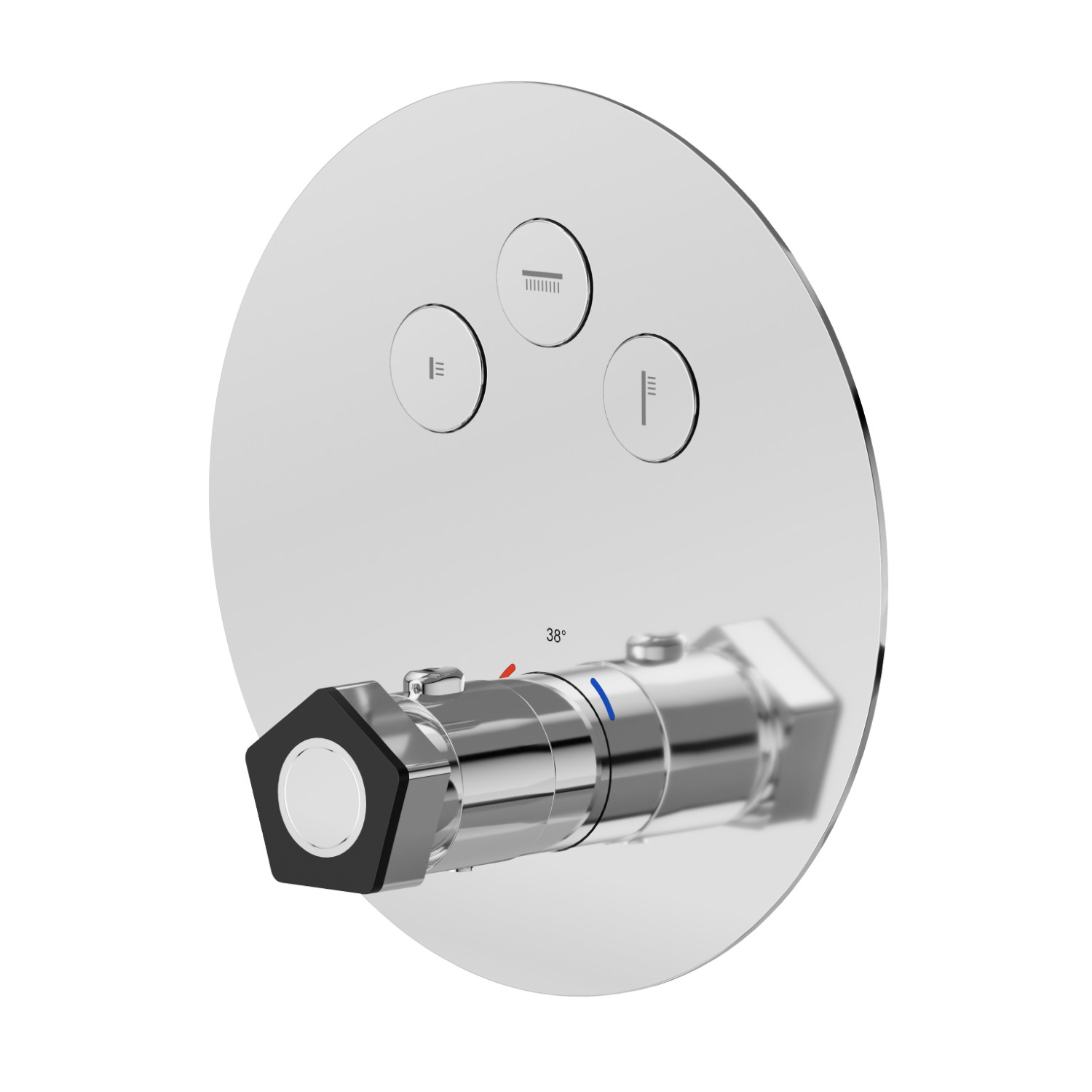 3 ways out thermostatic concealed mixer, with one handle for temperature control and buttons on/off. External part - finish Chrome - Matt Black