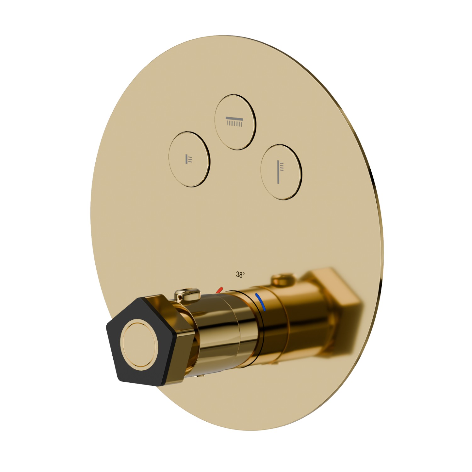 3 ways out thermostatic concealed mixer, with one handle for temperature control and buttons on/off. External part - finish PVD Glossy Gold - Matt Black