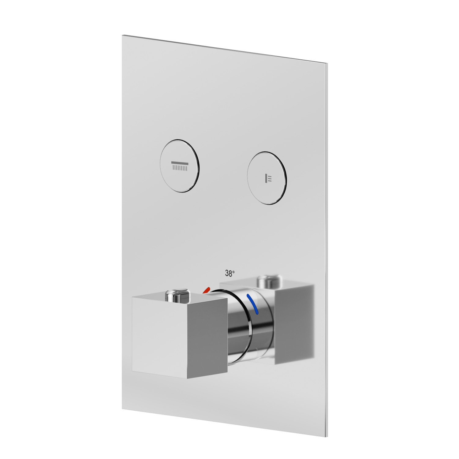 Mitigeur thermostatique à encastrer 2 sorties, avec commande pour le réglage de la température et boutons on/off. Façade murale - finition Chrome