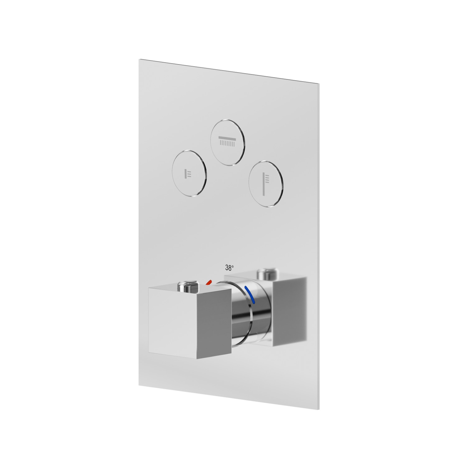 Mitigeur thermostatique à encastrer 3 sorties, avec commande pour le réglage de la température et boutons on/off. Façade murale - finition Chrome