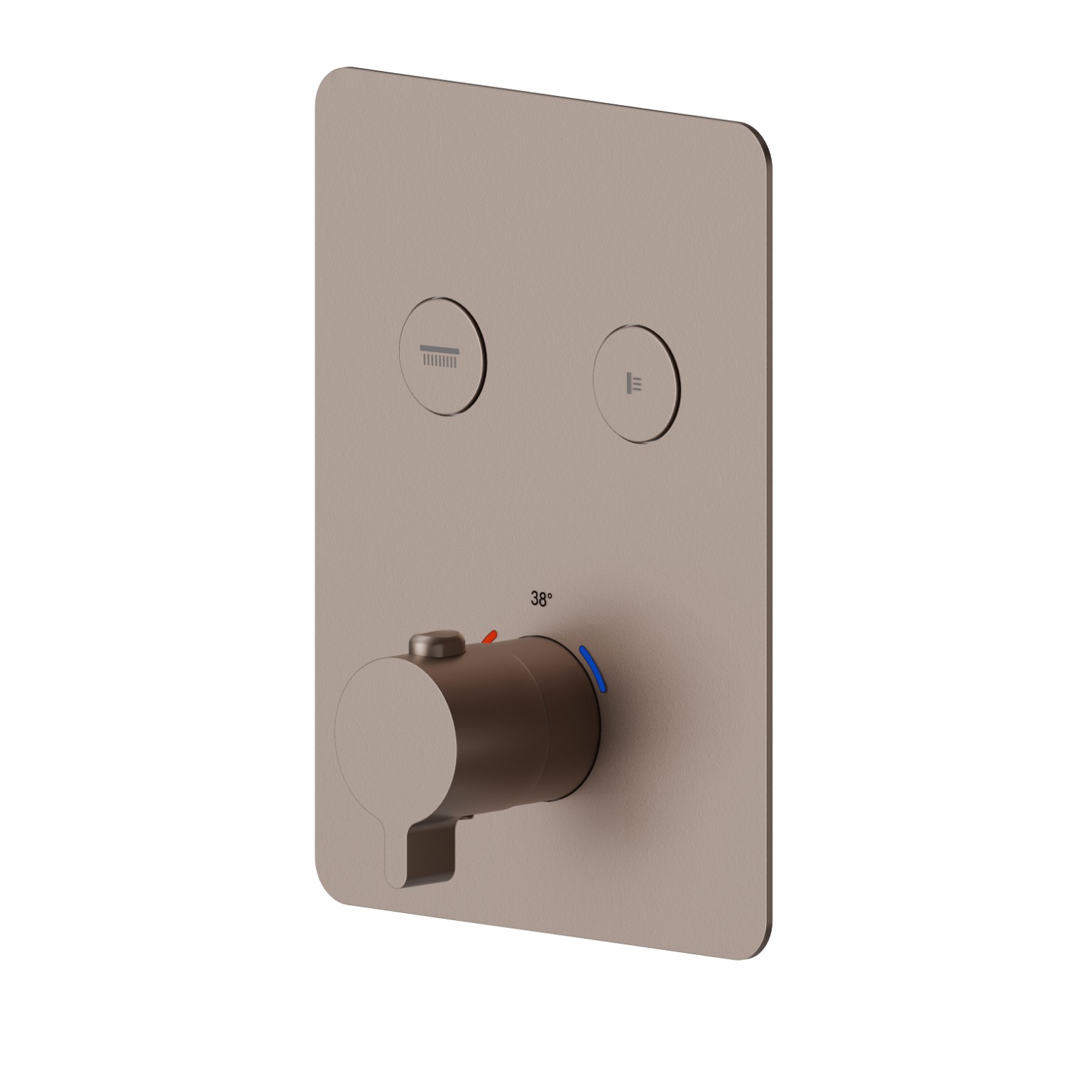Mitigeur thermostatique à encastrer 2 sorties, avec commande pour le réglage de la température et boutons on/off. Façade murale - finition Copper Glossy