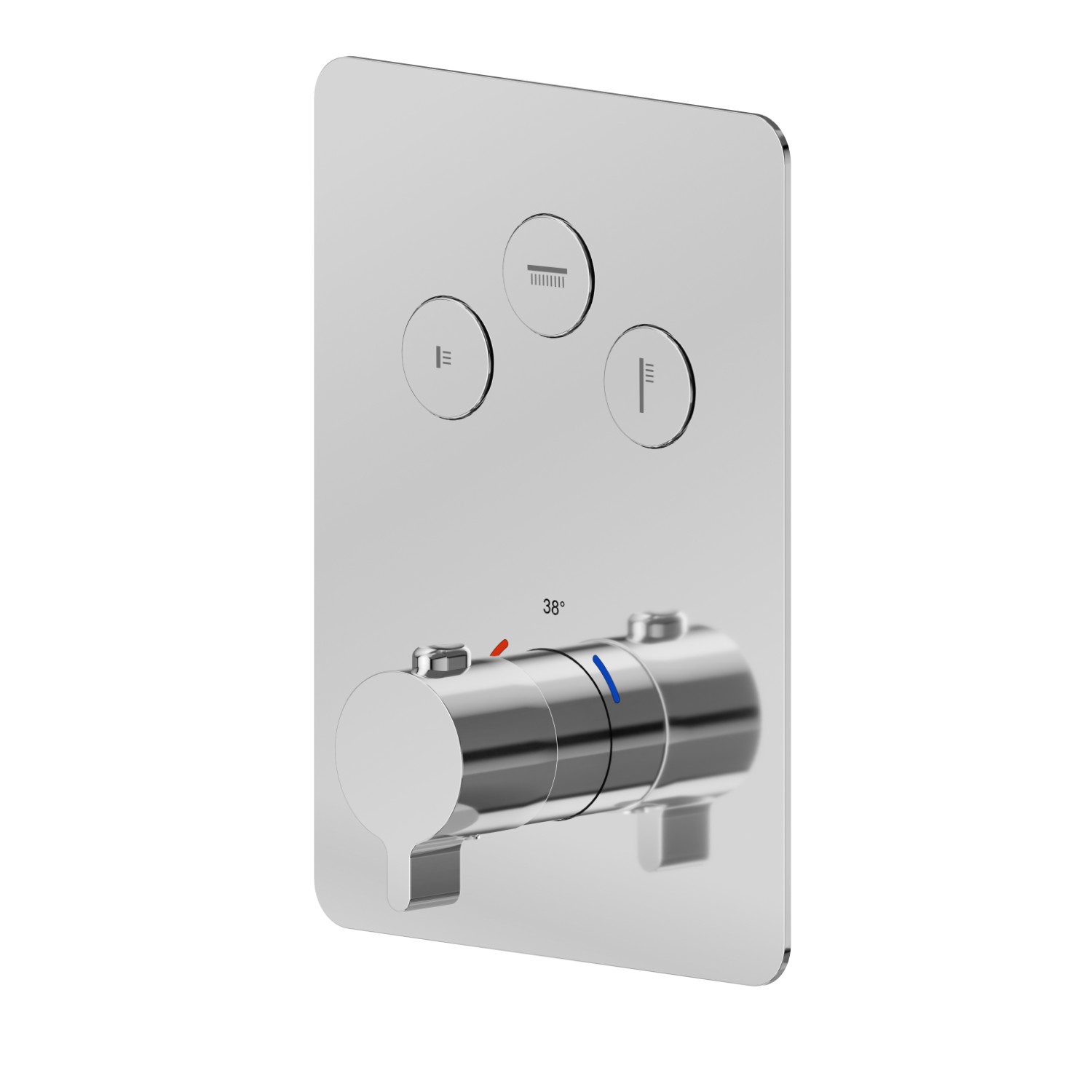 3 ways out thermostatic concealed mixer, with one handle for temperature control and buttons on/off. External part - finish Chrome