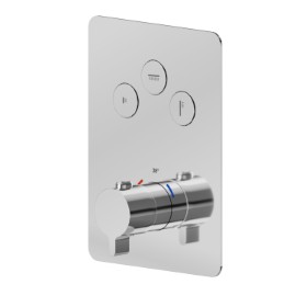 Miscelatore termostatico ad incasso a 3 uscite, con comando per la regolazione della temperatura e pulsanti on/off. Parte esterna - finitura Cromo