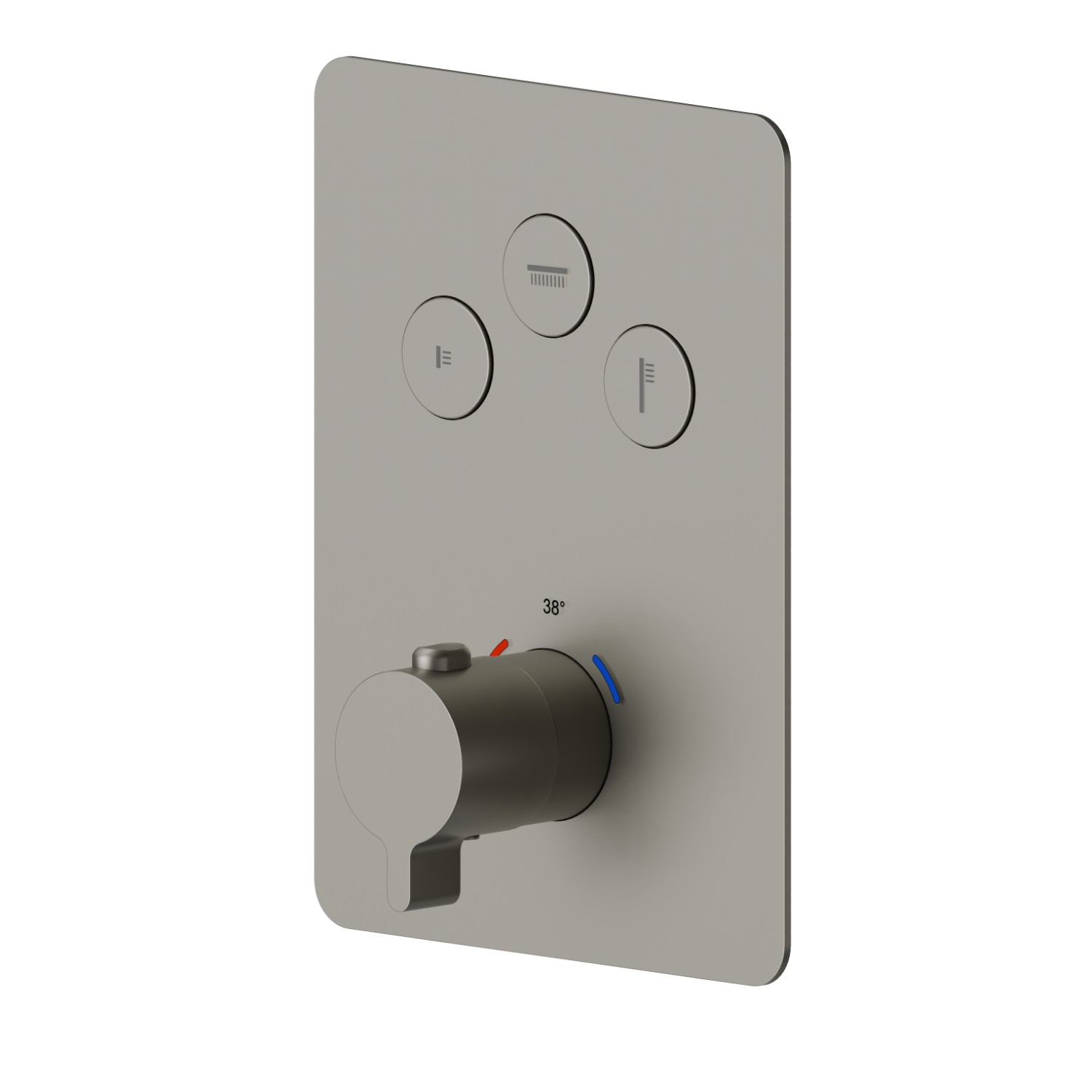 Miscelatore termostatico ad incasso a 3 uscite, con comando per la regolazione della temperatura e pulsanti on/off. Parte esterna - finitura Titanium Satin