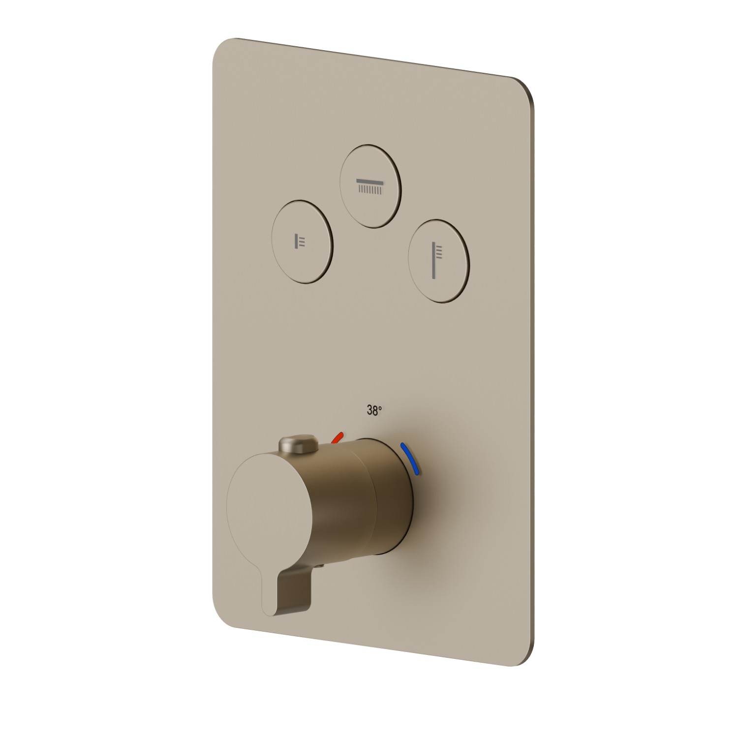 3 ways out thermostatic concealed mixer, with one handle for temperature control and buttons on/off. External part - finish Gold Satin
