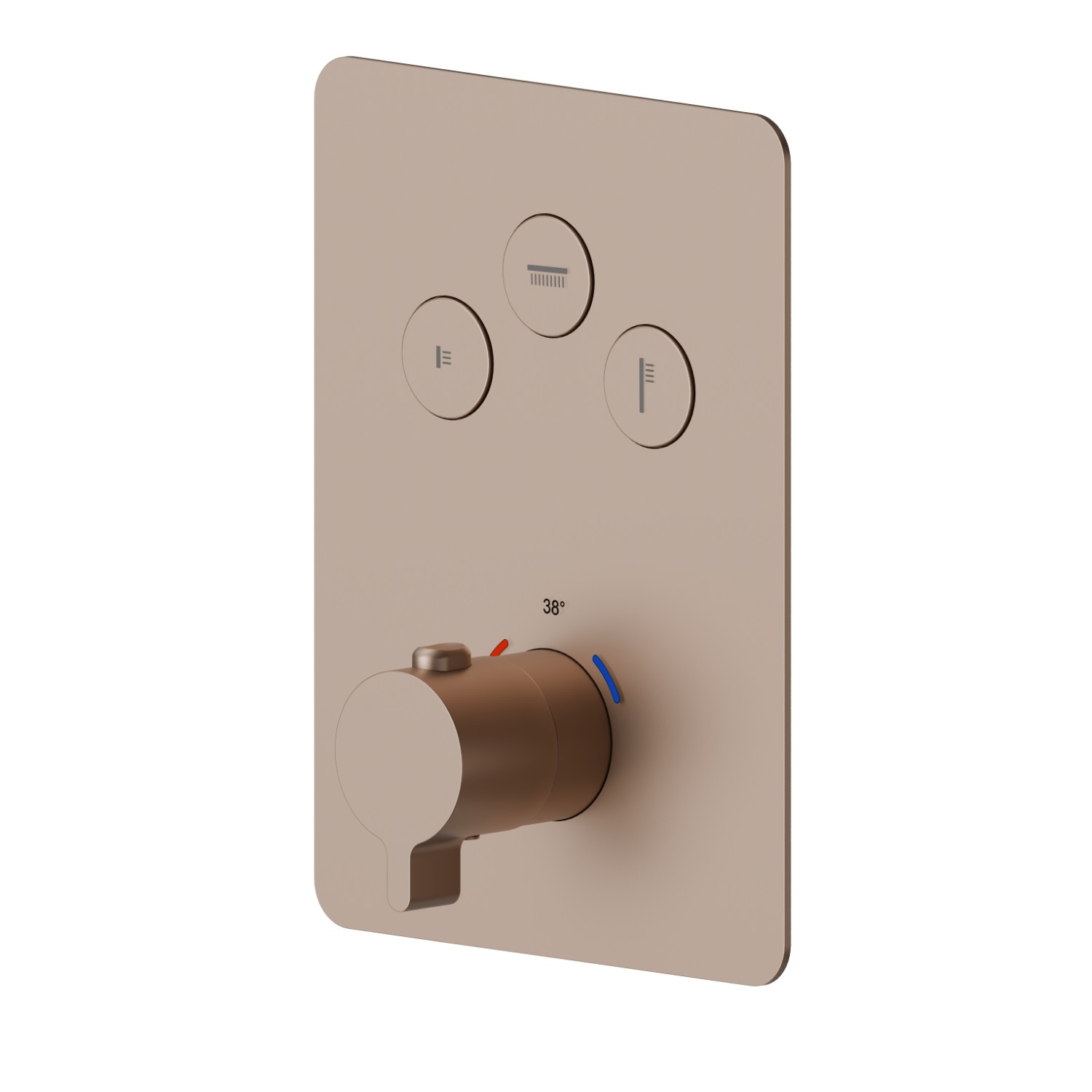 3 ways out thermostatic concealed mixer, with one handle for temperature control and buttons on/off. External part - finish Copper Satin