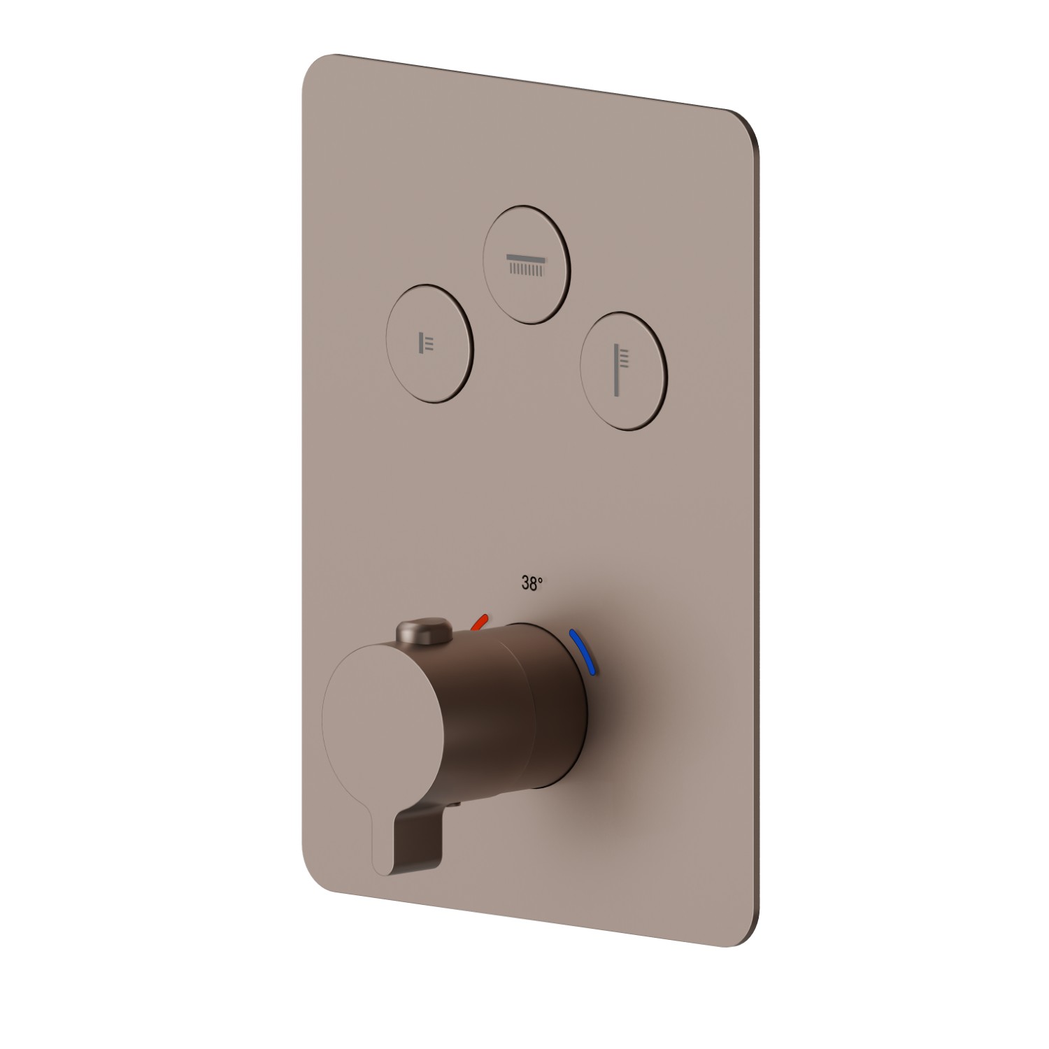 Mitigeur thermostatique à encastrer 3 sorties, avec commande pour le réglage de la température et boutons on/off. Façade murale - finition Copper Glossy