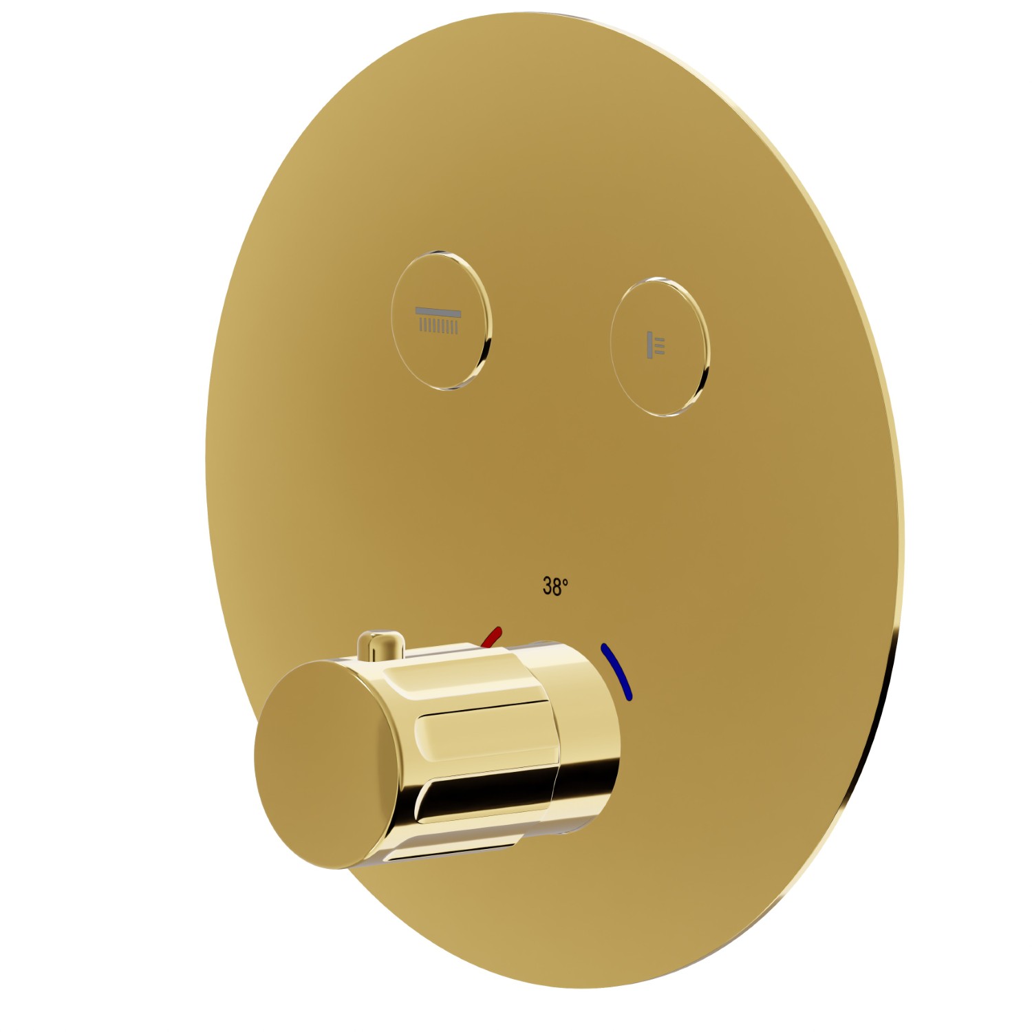 Miscelatore termostatico ad incasso a 2 uscite, con comando per la regolazione della temperatura e pulsanti on/off. Parte esterna - finitura PVD Glossy Gold