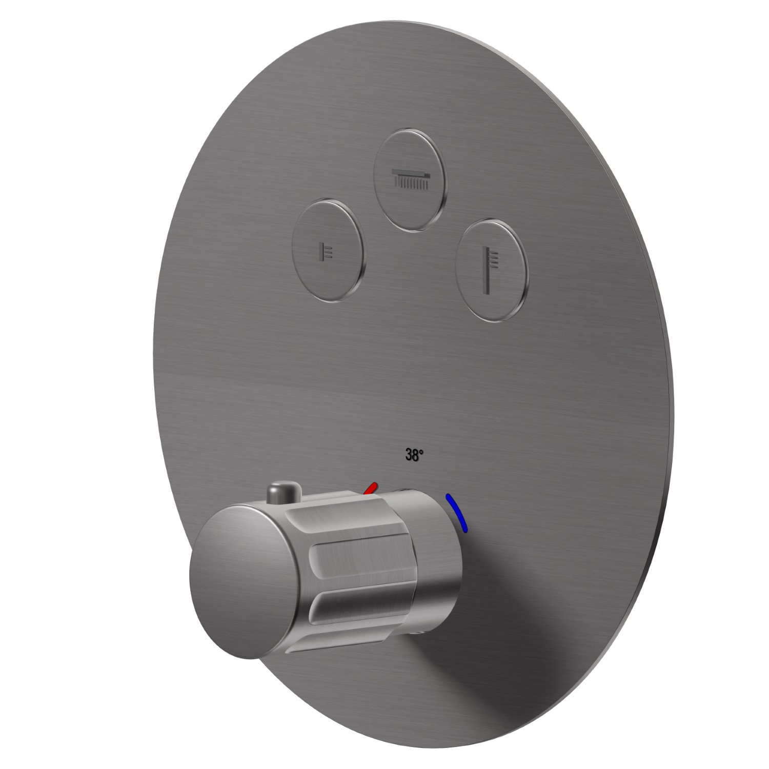 Mitigeur thermostatique à encastrer 3 sorties, avec commande pour le réglage de la température et boutons on/off. Façade murale - finition PVD Brushed Gun Metal
