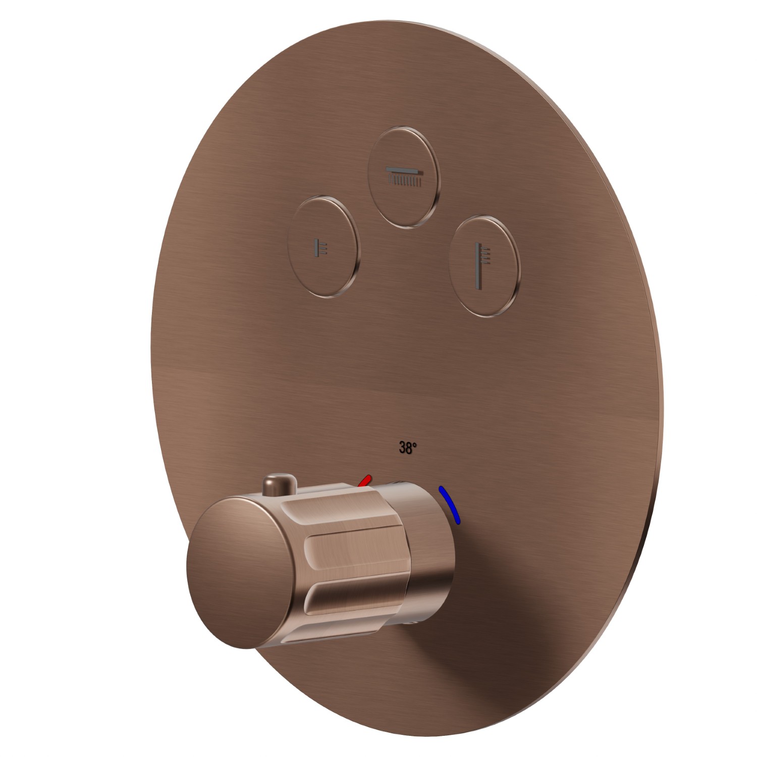 Mitigeur thermostatique à encastrer 3 sorties, avec commande pour le réglage de la température et boutons on/off. Façade murale - finition PVD Brushed Copper Bronze
