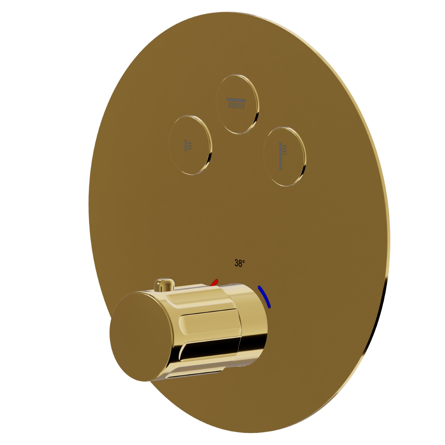 Mitigeur thermostatique à encastrer 3 sorties, avec commande pour le réglage de la température et boutons on/off. Façade murale - finition PVD Glossy Gold