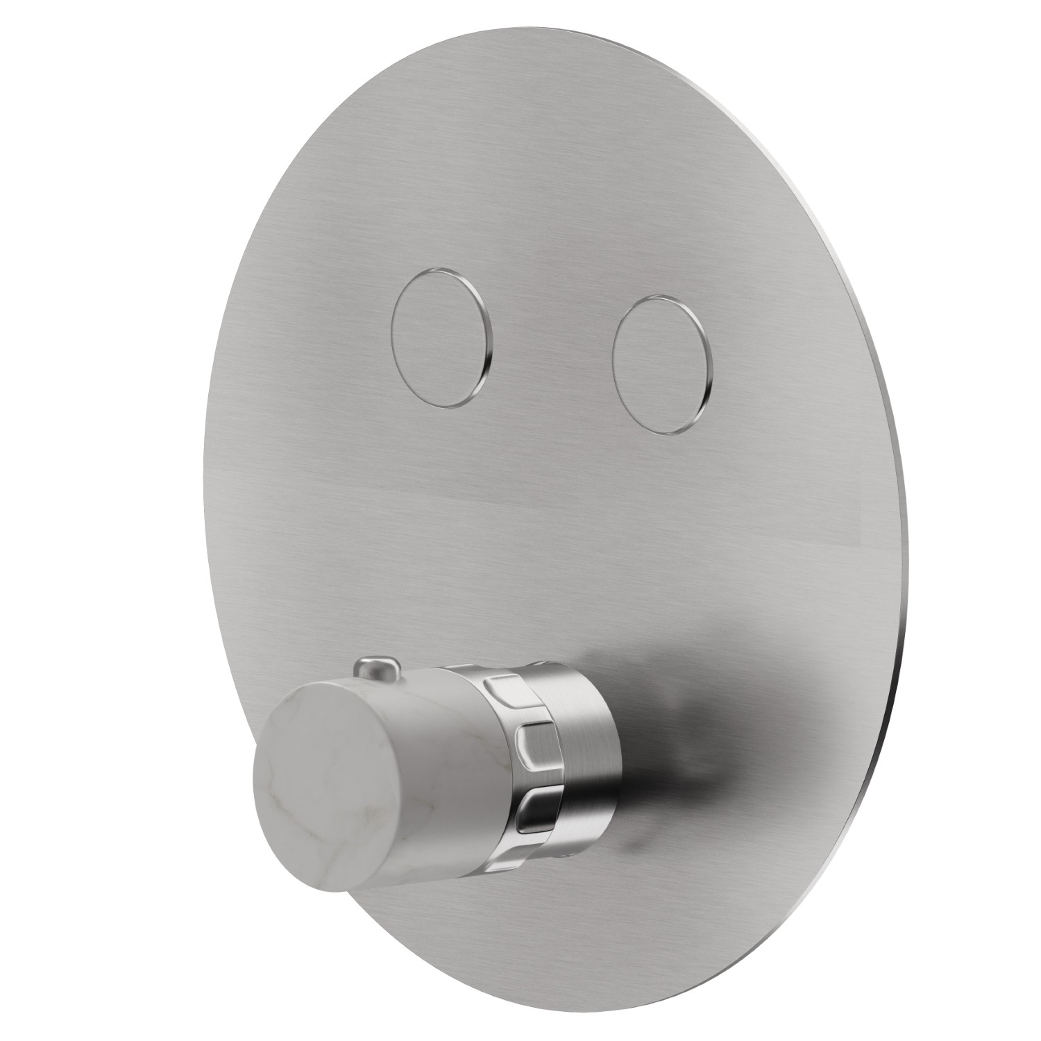 Mitigeur thermostatique à encastrer 2 sorties, avec commande pour le réglage de la température et boutons on/off. Façade murale - finition PVD Brushed steel