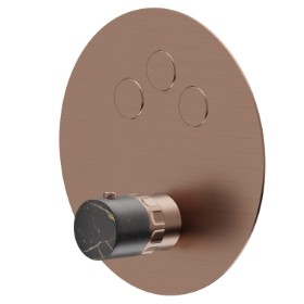 3 ways out thermostatic concealed mixer, with one handle for temperature control and buttons on/off. External part - finish PVD Brushed Copper Bronze