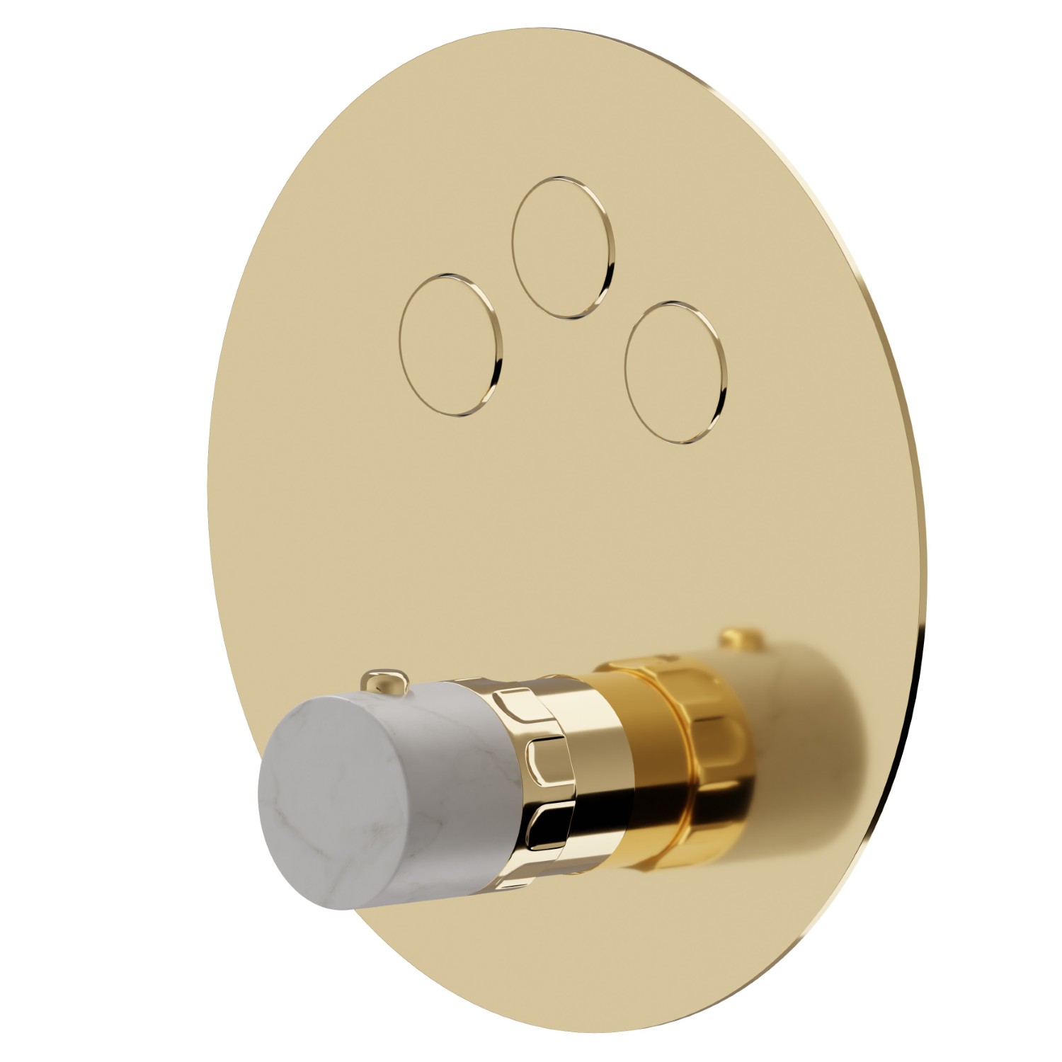 3 ways out thermostatic concealed mixer, with one handle for temperature control and buttons on/off. External part - finish PVD Glossy Gold
