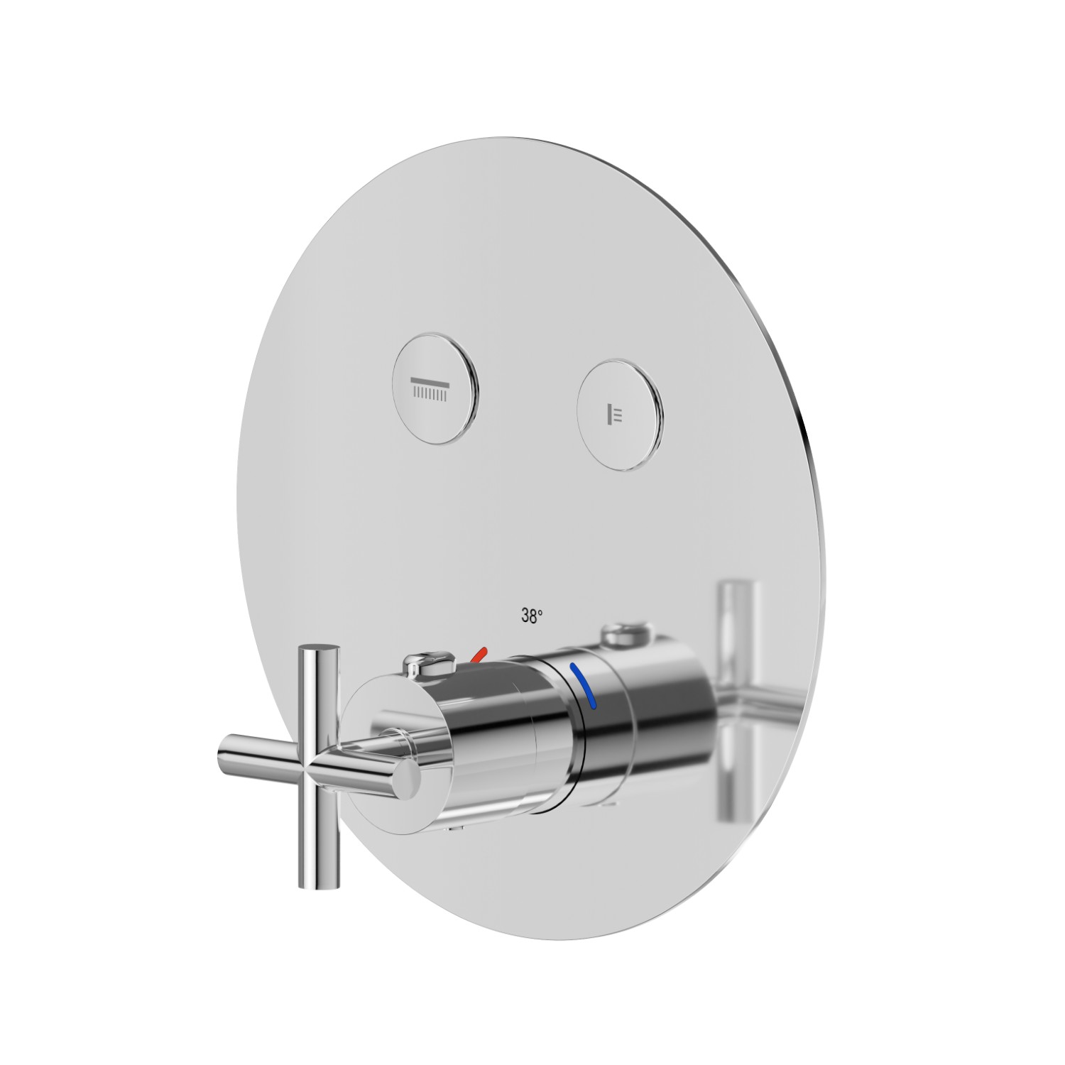 Mitigeur thermostatique à encastrer 2 sorties, avec commande pour le réglage de la température et boutons on/off. Façade murale - finition Chrome