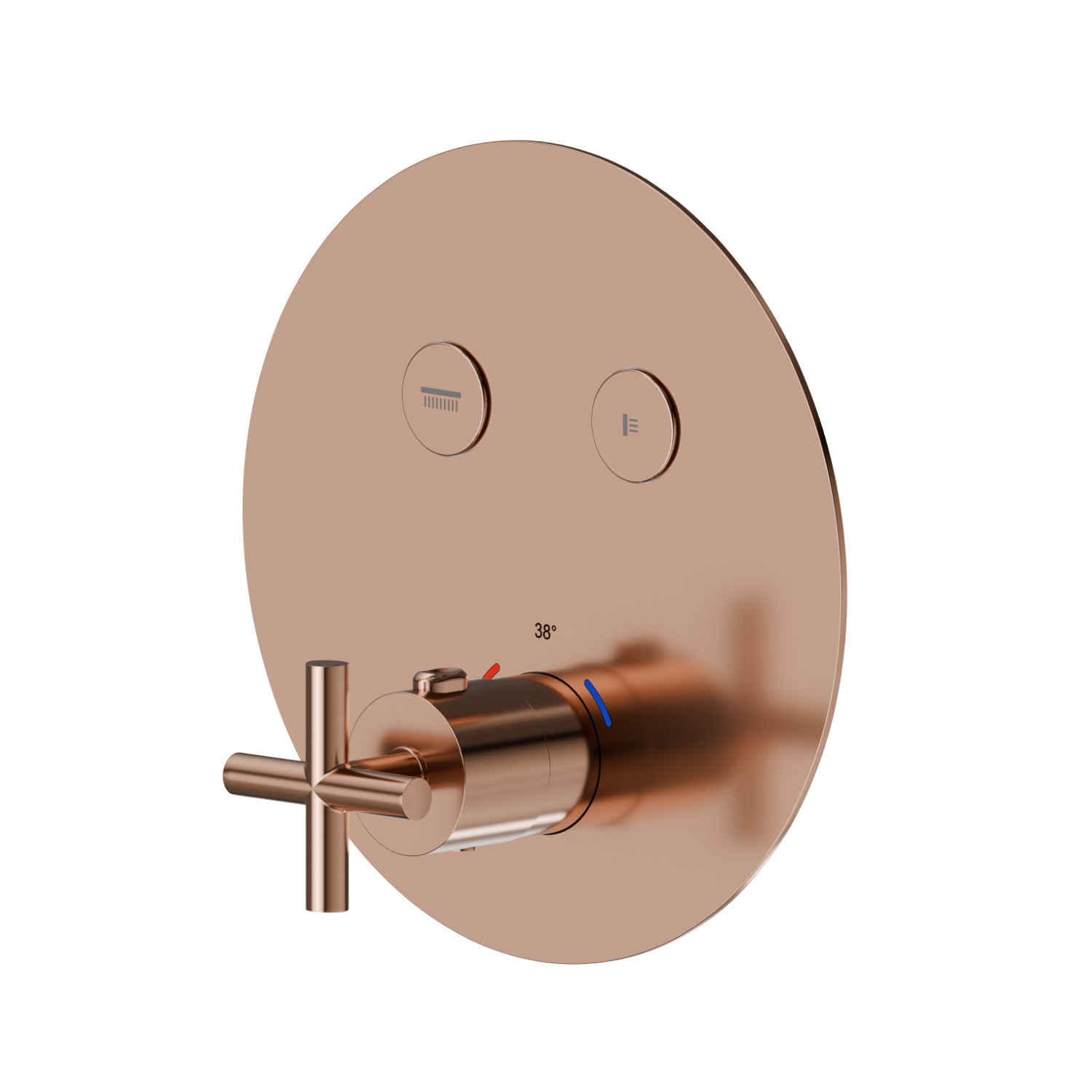 Miscelatore termostatico ad incasso a 2 uscite, con comando per la regolazione della temperatura e pulsanti on/off. Parte esterna - finitura PVD Copper Bronze