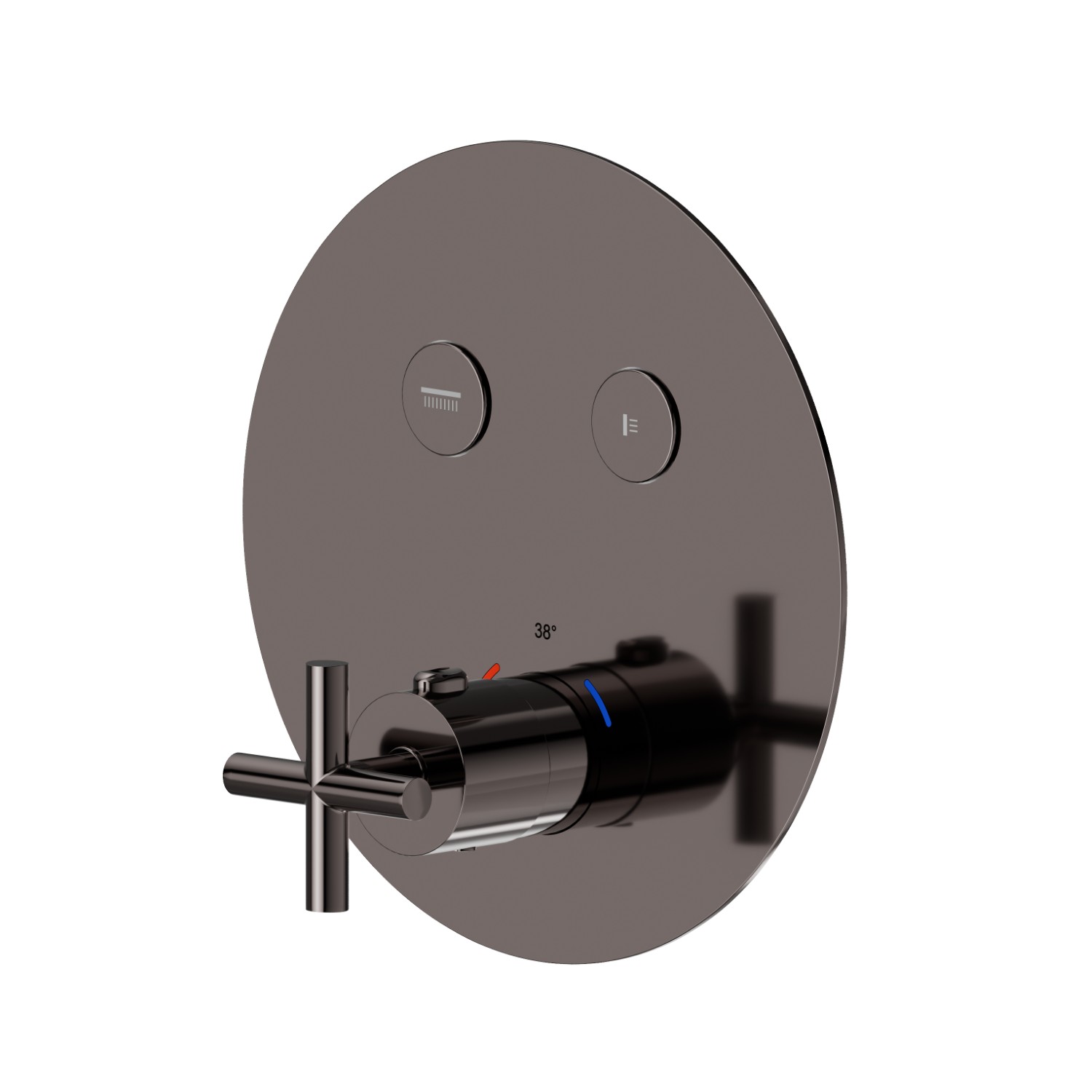 Mitigeur thermostatique à encastrer 2 sorties, avec commande pour le réglage de la température et boutons on/off. Façade murale - finition PVD Gun Metal