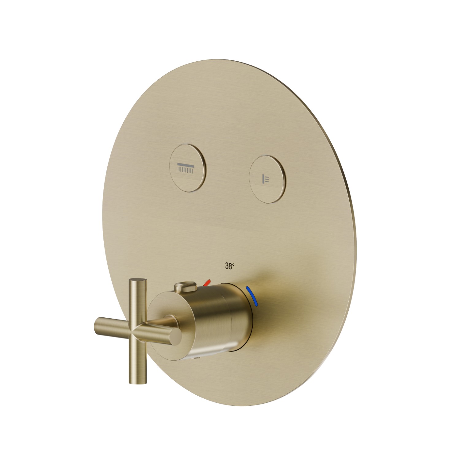 Miscelatore termostatico ad incasso a 2 uscite, con comando per la regolazione della temperatura e pulsanti on/off. Parte esterna - finitura PVD Brushed Pale Gold