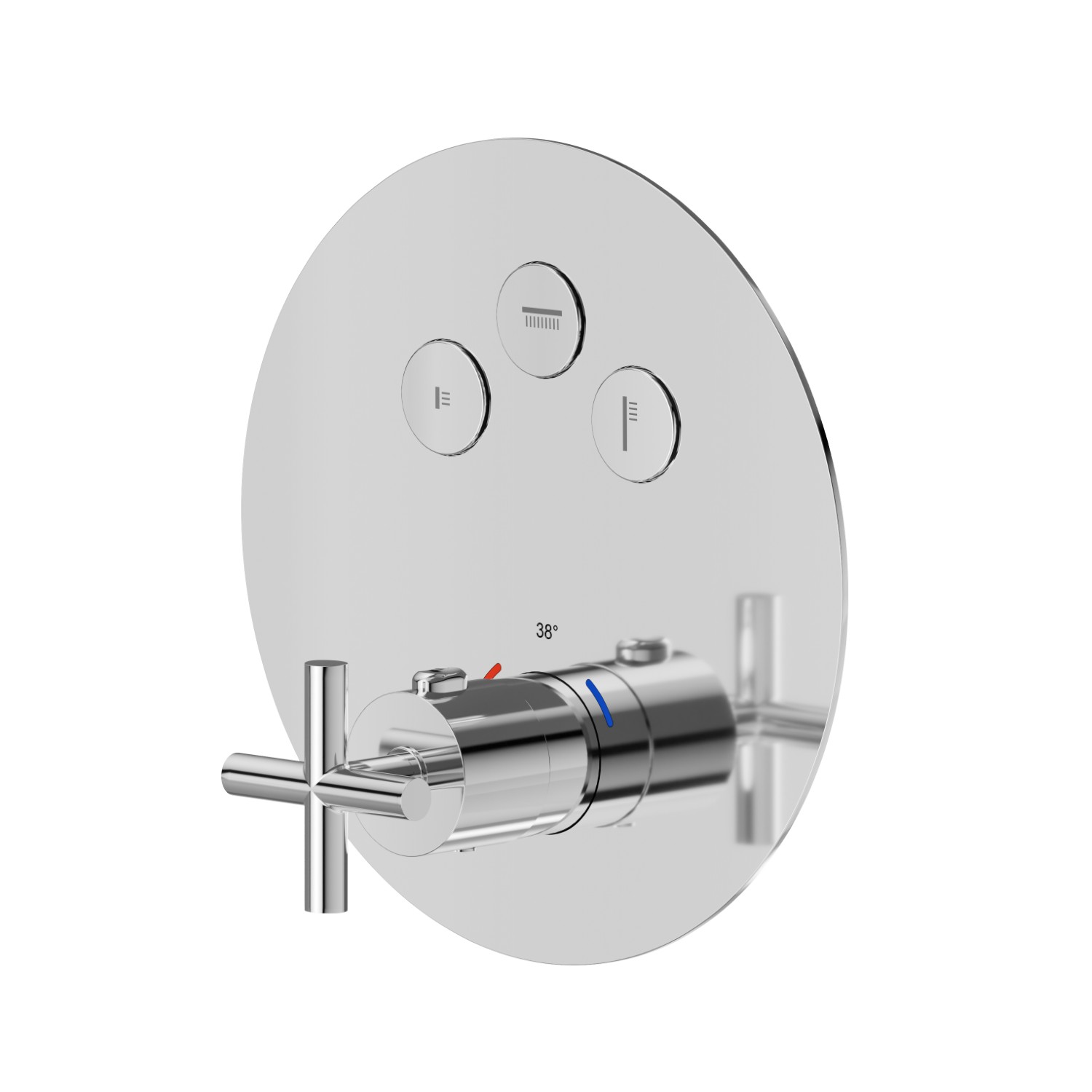 Miscelatore termostatico ad incasso a 3 uscite, con comando per la regolazione della temperatura e pulsanti on/off. Parte esterna - finitura Cromo