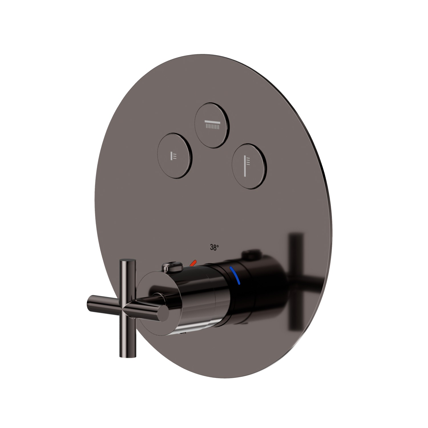 Miscelatore termostatico ad incasso a 3 uscite, con comando per la regolazione della temperatura e pulsanti on/off. Parte esterna - finitura PVD Gun Metal
