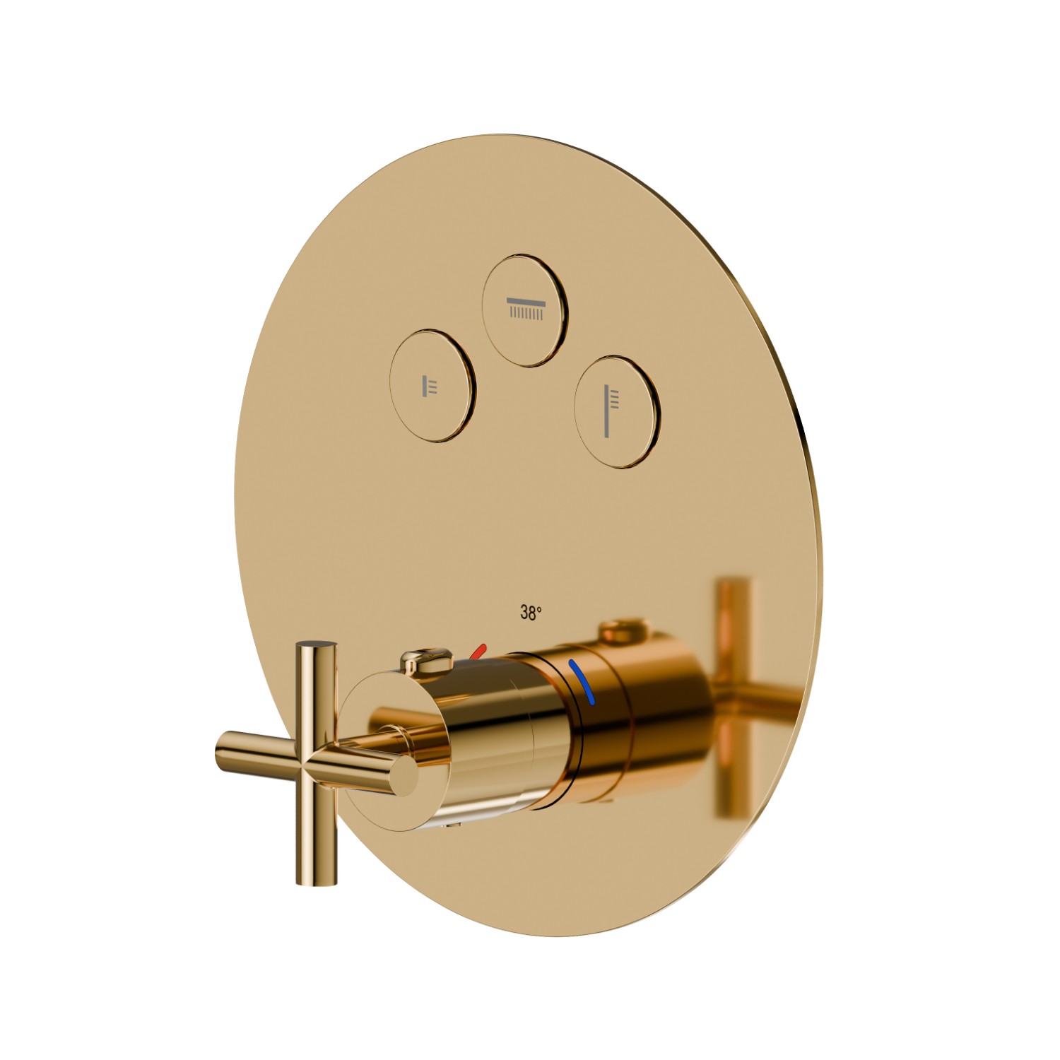3 ways out thermostatic concealed mixer, with one handle for temperature control and buttons on/off. External part - finish PVD Glossy Gold