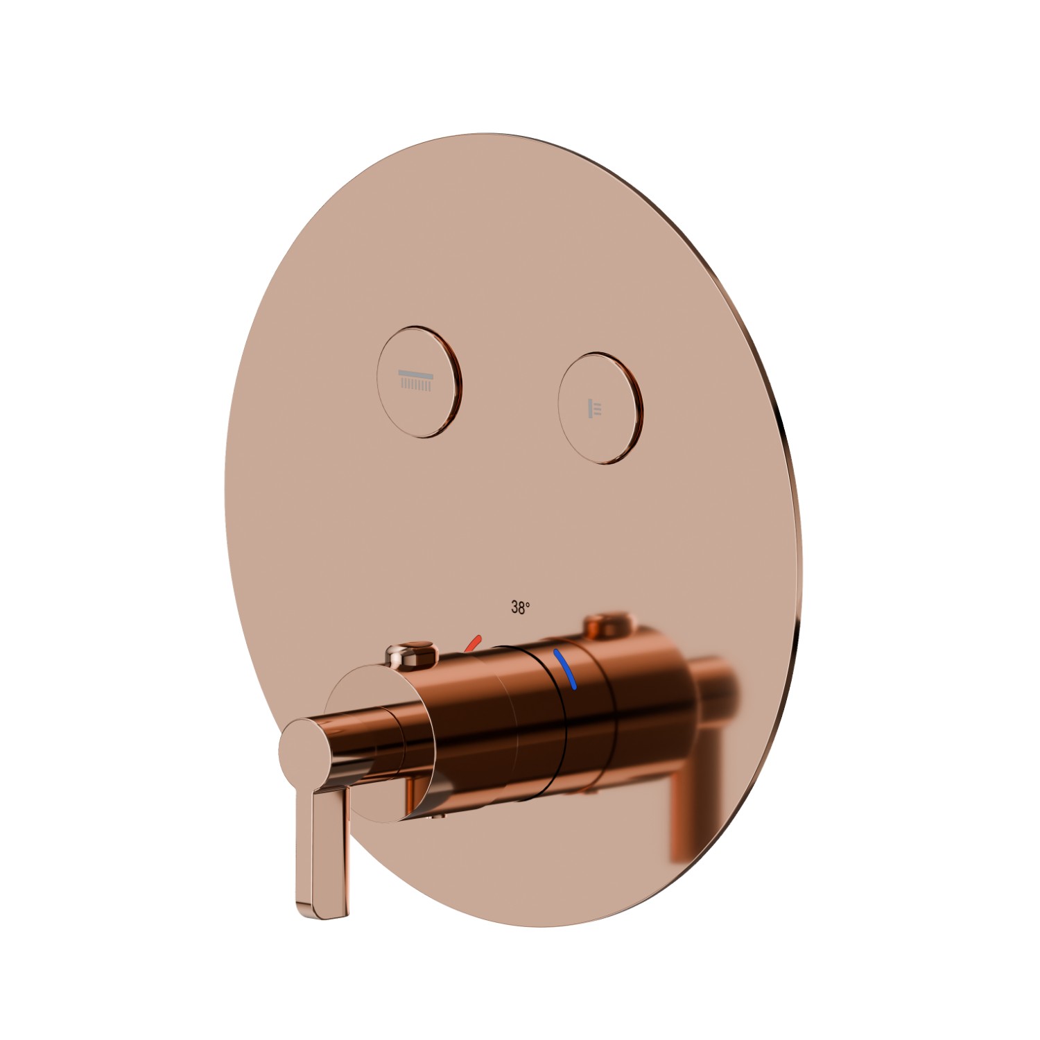 Miscelatore termostatico ad incasso a 2 uscite, con comando per la regolazione della temperatura e pulsanti on/off. Parte esterna. Ø190 - finitura PVD Copper Bronze