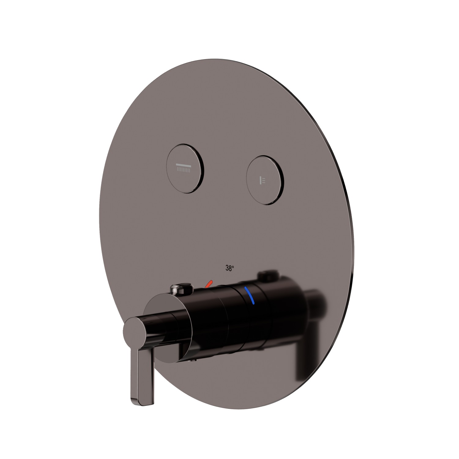 Miscelatore termostatico ad incasso a 2 uscite, con comando per la regolazione della temperatura e pulsanti on/off. Parte esterna. Ø190 - finitura PVD Gun Metal