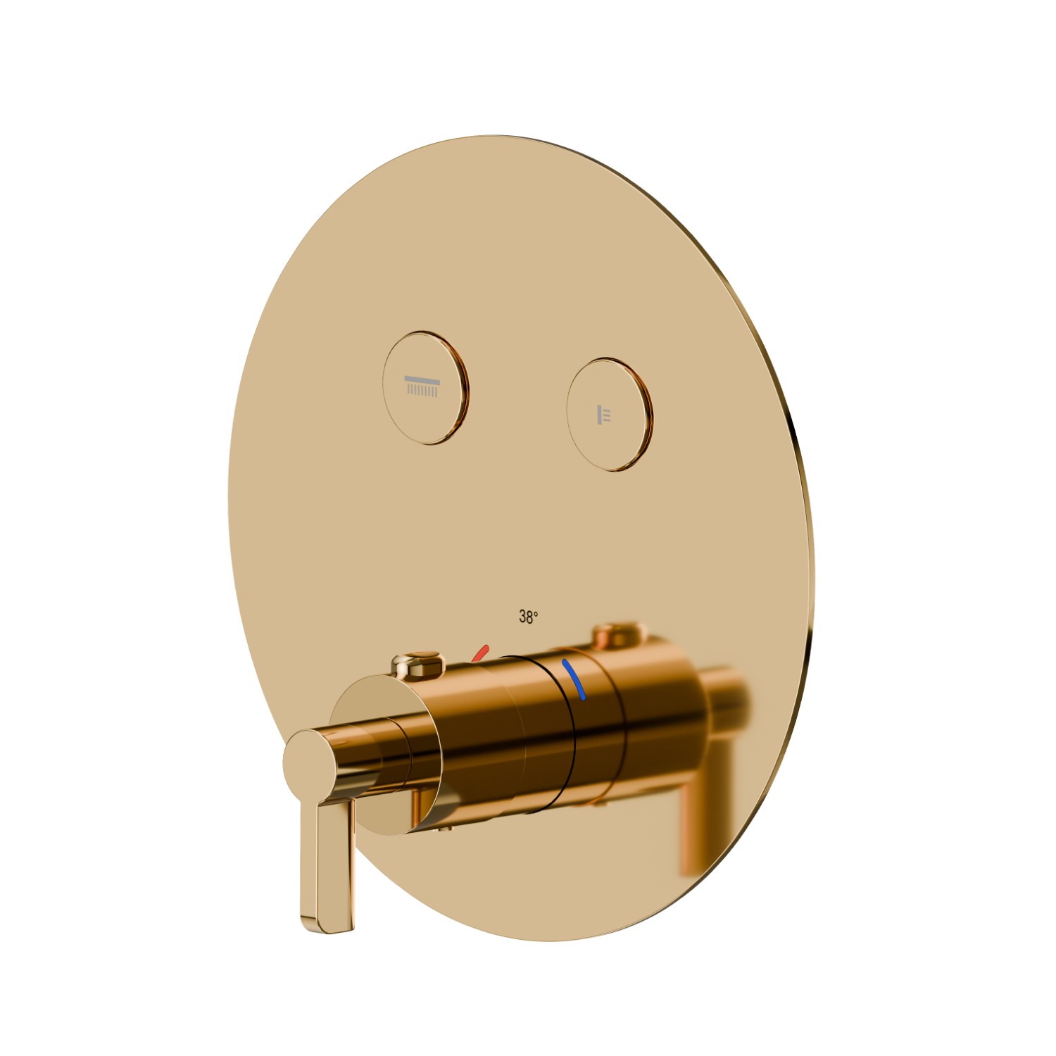 Miscelatore termostatico ad incasso a 2 uscite, con comando per la regolazione della temperatura e pulsanti on/off. Parte esterna. Ø190 - finitura PVD Glossy Gold