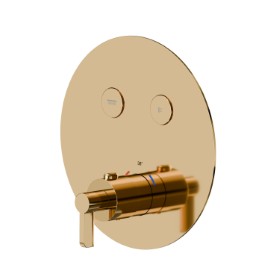 2 ways out thermostatic concealed mixer, with one handle for temperature control and buttons on/off. External part. Ø190 - finish PVD Glossy Gold