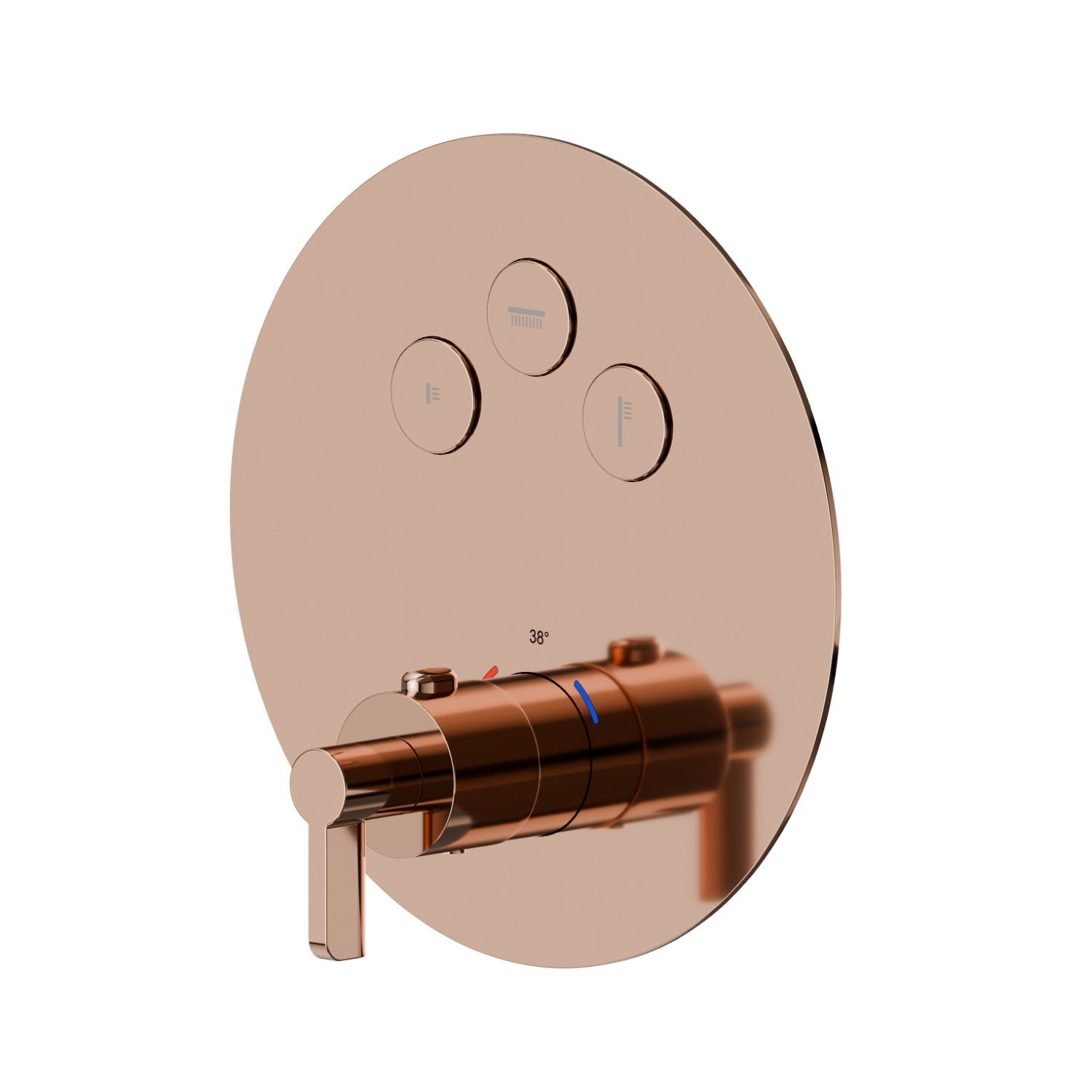 Miscelatore termostatico ad incasso a 3 uscite, con comando per la regolazione della temperatura e pulsanti on/off. Parte esterna. Ø190 - finitura PVD Copper Bronze