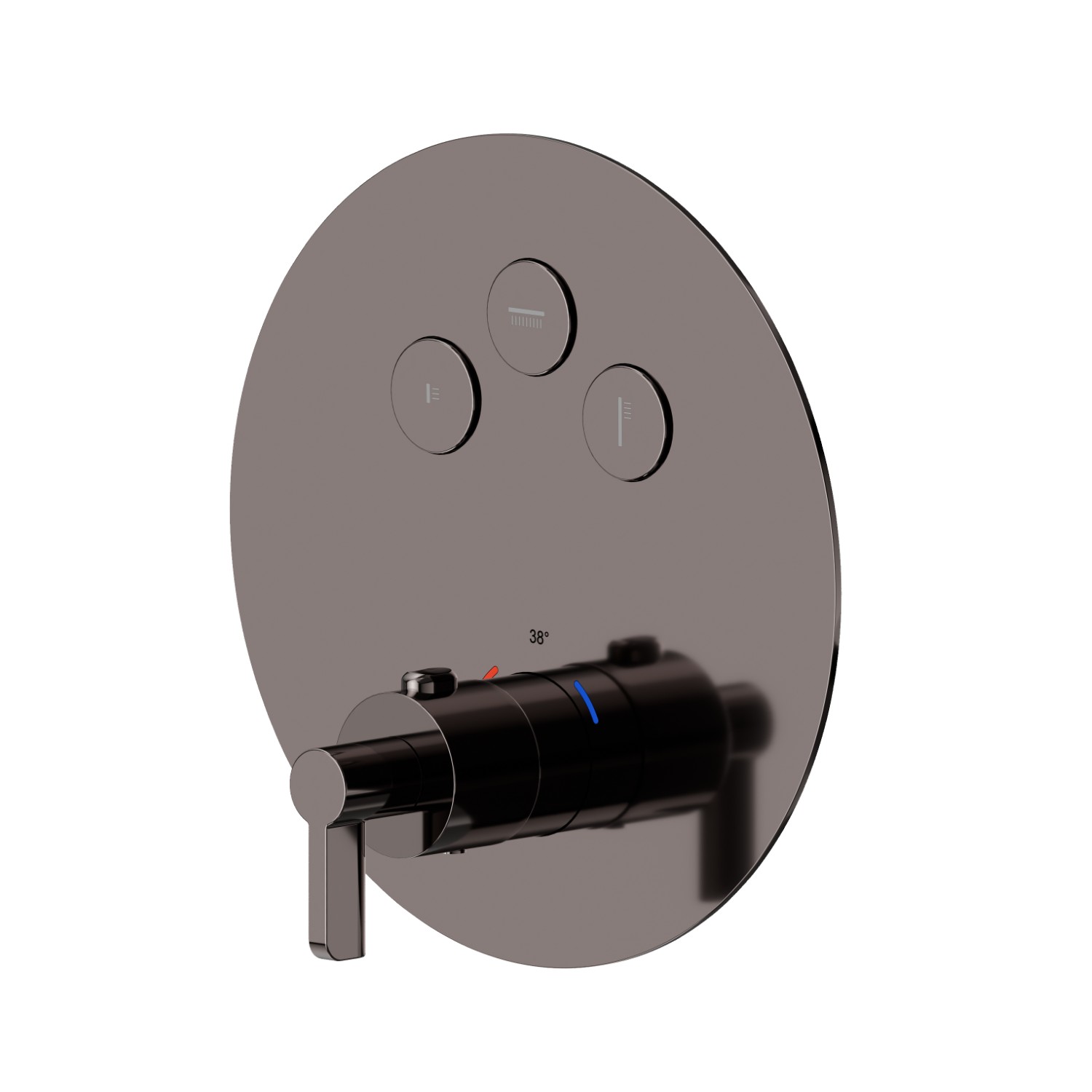 Mitigeur thermostatique à encastrer 3 sorties, avec commande pour le réglage de la température et boutons on/off. Façade murale. Ø190 - finition PVD Gun Metal