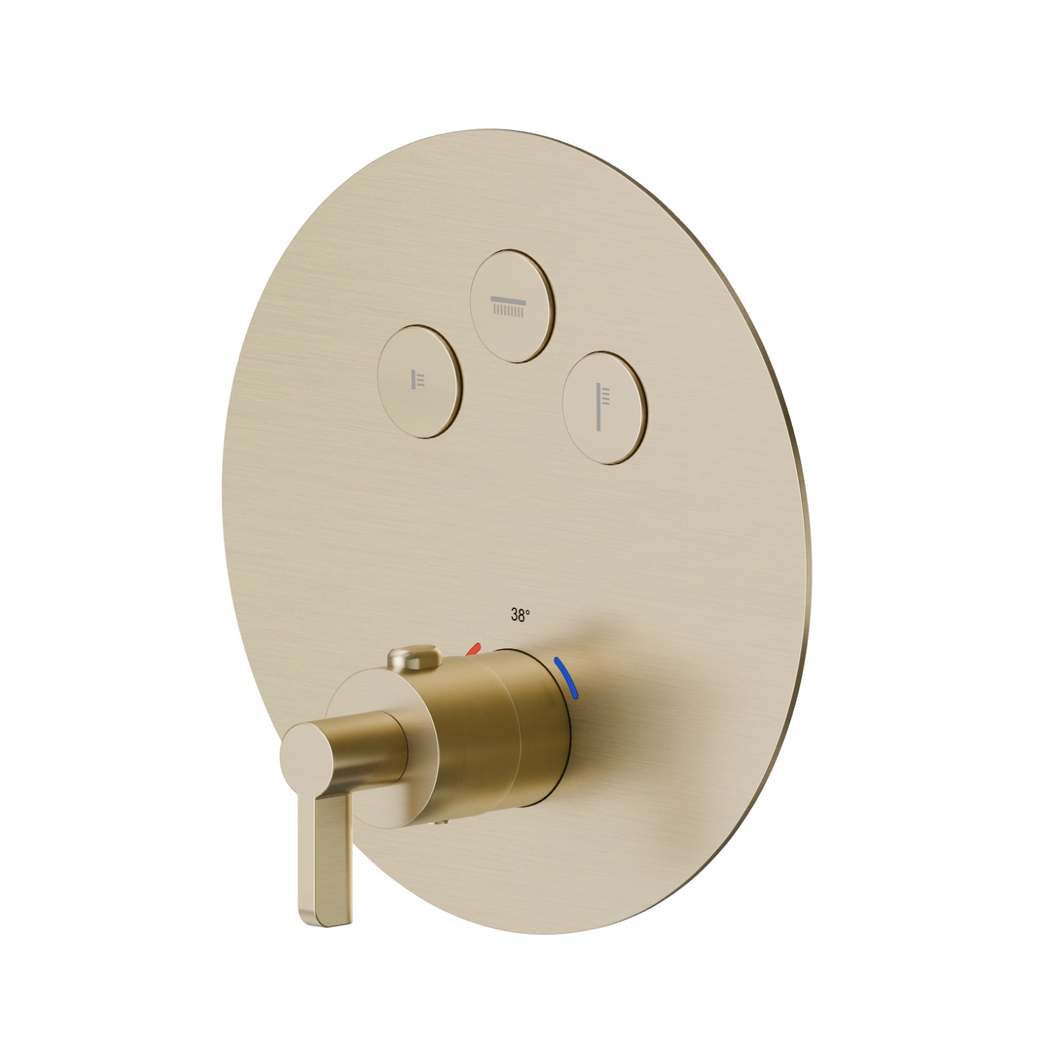 Miscelatore termostatico ad incasso a 3 uscite, con comando per la regolazione della temperatura e pulsanti on/off. Parte esterna. Ø190 - finitura PVD Brushed Pale Gold