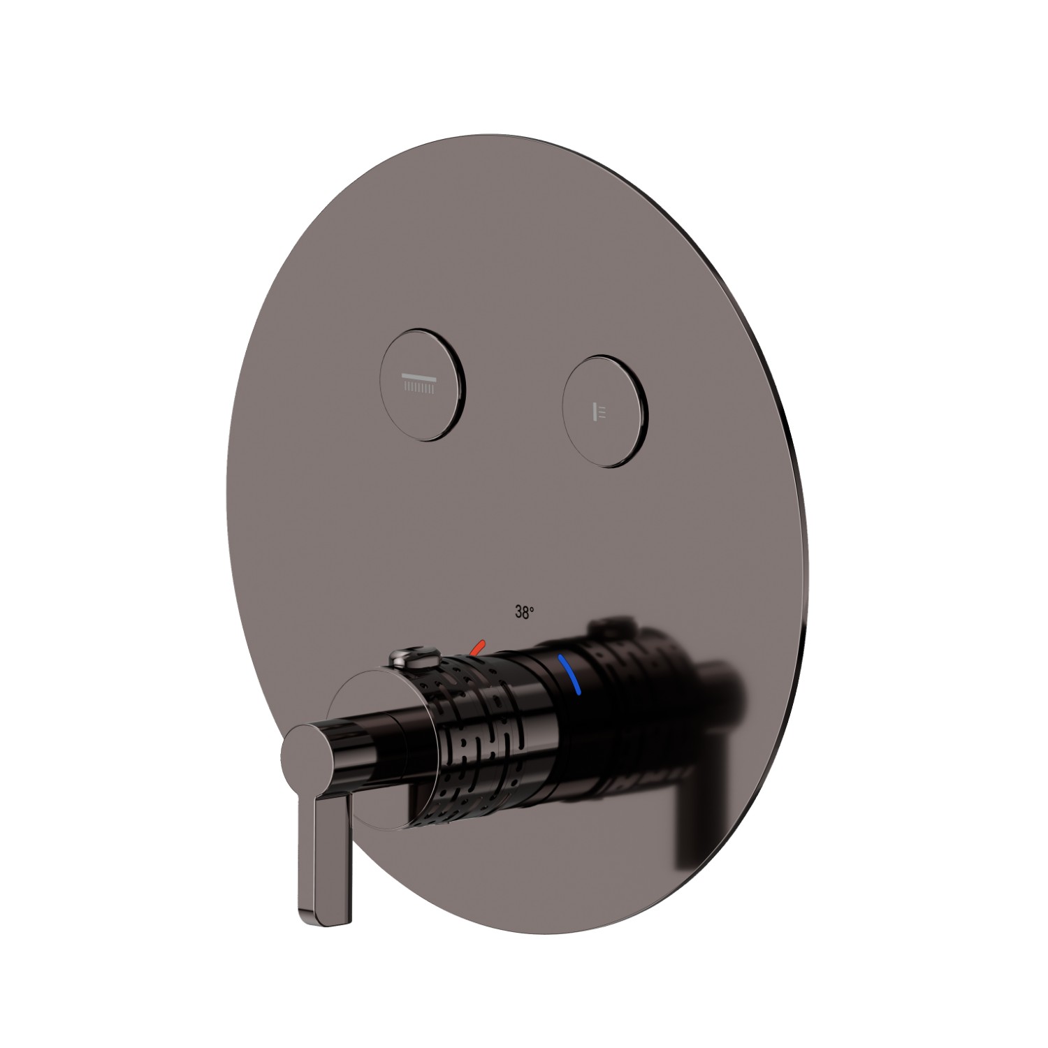 Mitigeur thermostatique à encastrer 2 sorties, avec commande pour le réglage de la température et boutons on/off. Façade murale. Ø190 - finition PVD Gun Metal