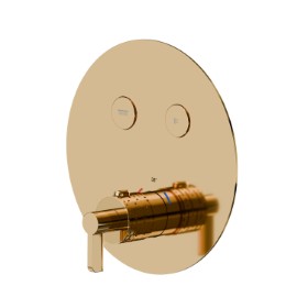 2 ways out thermostatic concealed mixer, with one handle for temperature control and buttons on/off. External part. Ø190 - finish PVD Glossy Gold