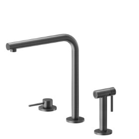 Complete set consisting of single-lever sink mixer, L swivel spout and “sidespray” hand shower - finish PVD Brushed Gun Metal