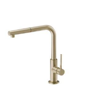 Single-lever sink mixer with L swivel spout and pull-out hand shower - finish PVD Brushed Pale Gold