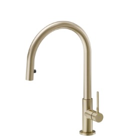 Single-lever sink mixer, round swivel spout and single jet retractable pull-down hand shower - finish PVD Brushed Pale Gold
