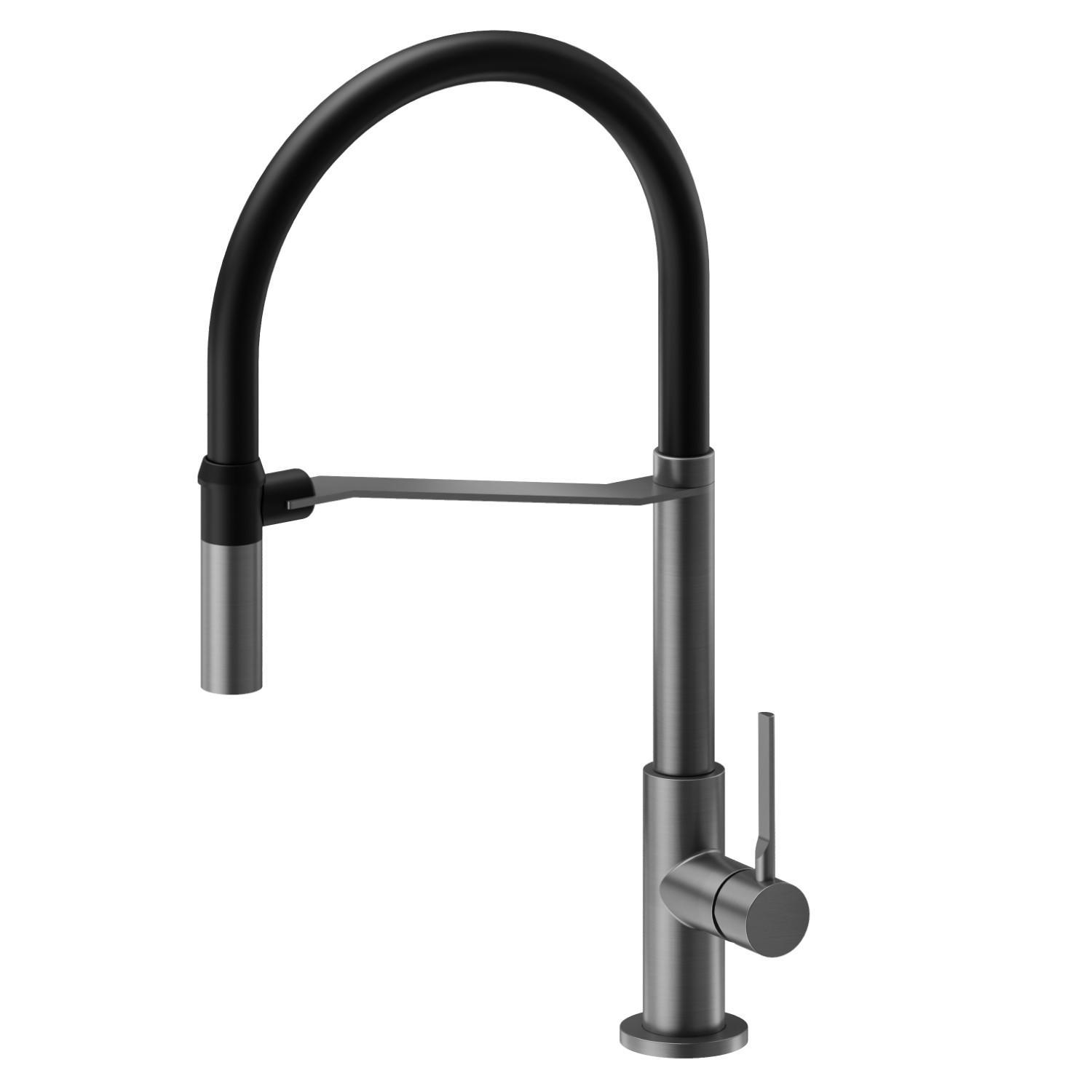 Mitigeur monocommande évier avec bec rond pivotant et douchette extractible retractable - finition PVD Brushed Gun Metal + Matt black
